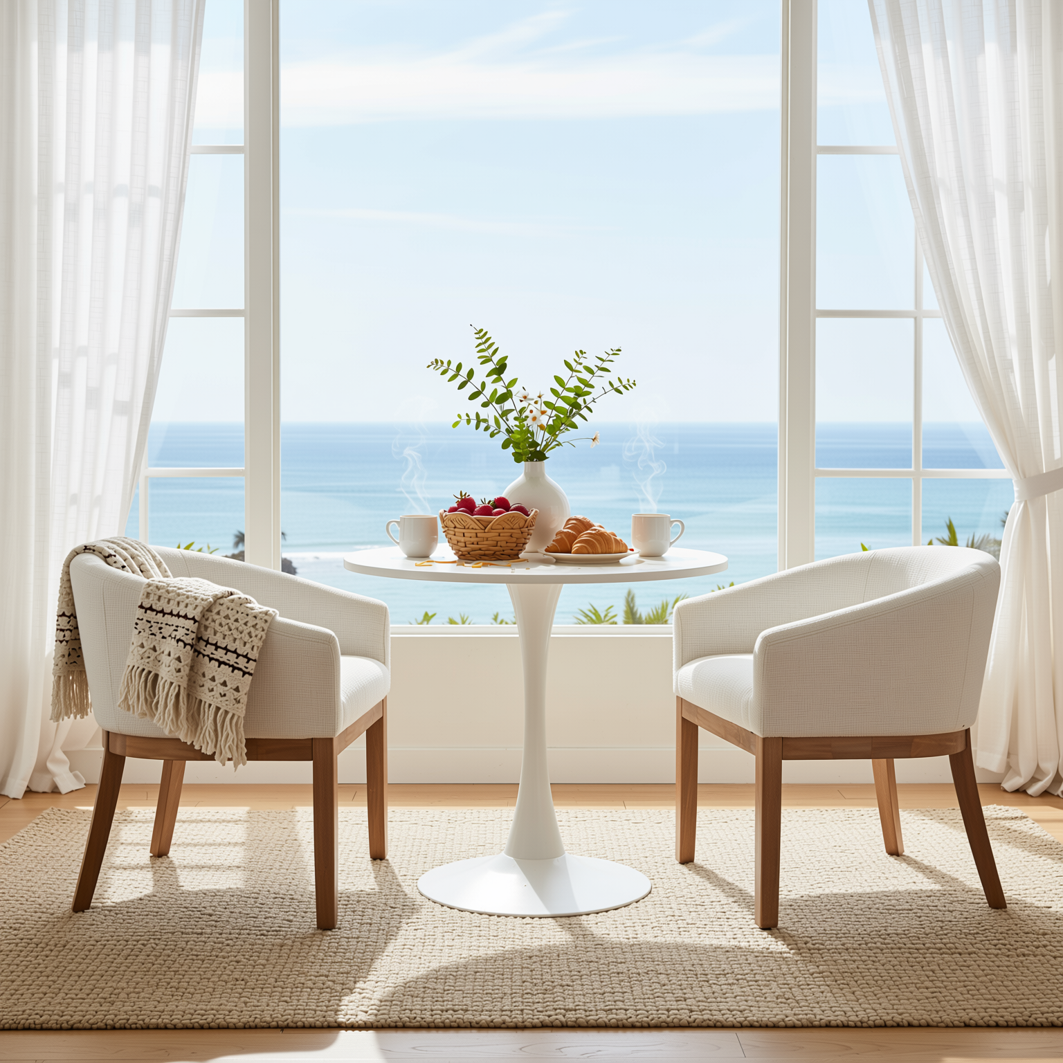 Homy Casa Nemea 3PC Kitchen Dining Set Round White Table with 2 Beige Upholstered Armchairs Open Box
