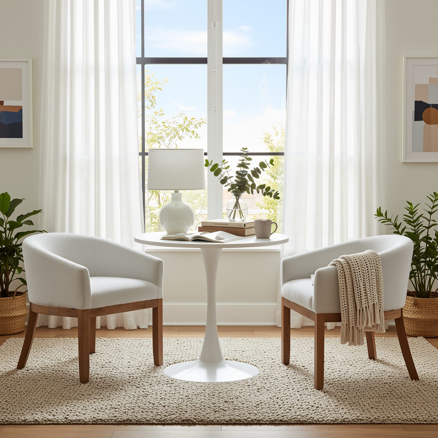 Homy Casa Nemea 3PC Kitchen Dining Set Round White Table with 2 Beige Upholstered Armchairs Open Box