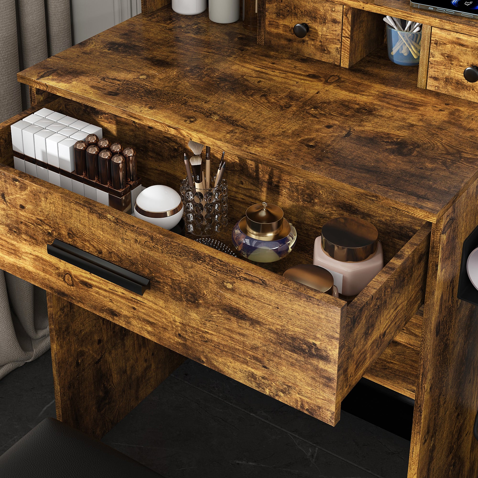 Homy Casa Ariadne 2PC Bedroom Vanity Set with Lighted Mirror, Storage Desk & Nightstand in Walnut Brown & Vintage Finish Open Box