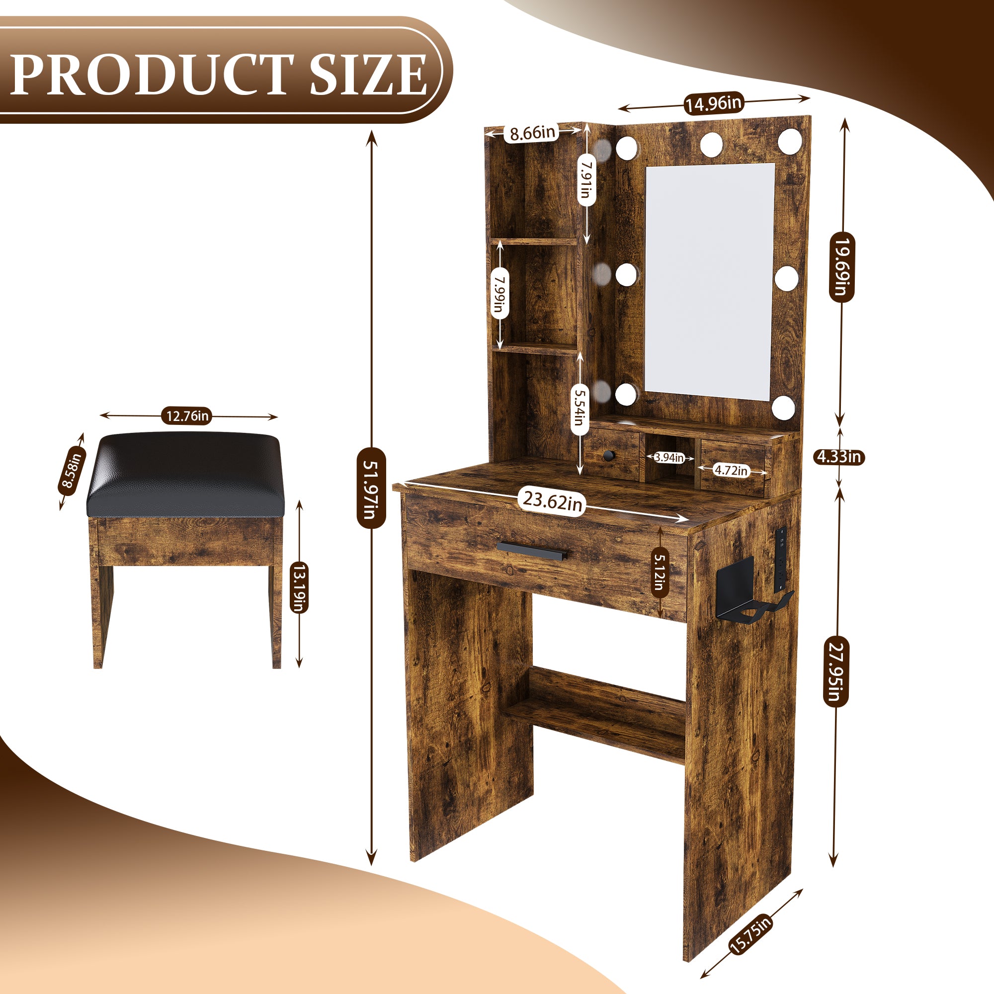 Homy Casa Ariadne 2PC Bedroom Vanity Set with Lighted Mirror, Storage Desk & Nightstand in Walnut Brown & Vintage Finish Open Box