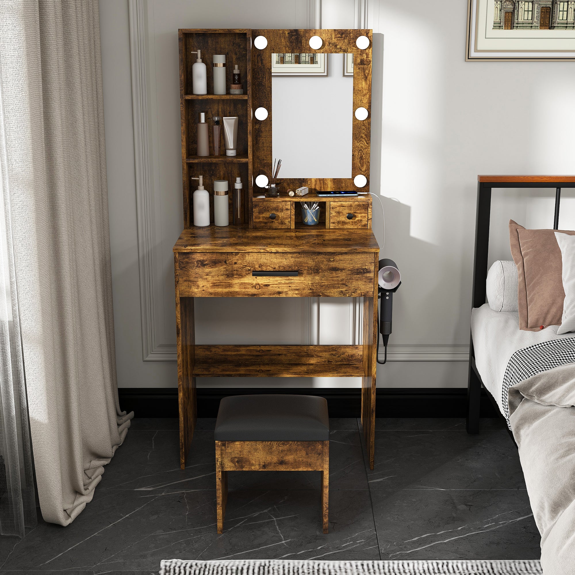Homy Casa Ariadne 2PC Bedroom Vanity Set with Lighted Mirror, Storage Desk & Nightstand in Walnut Brown & Vintage Finish Open Box