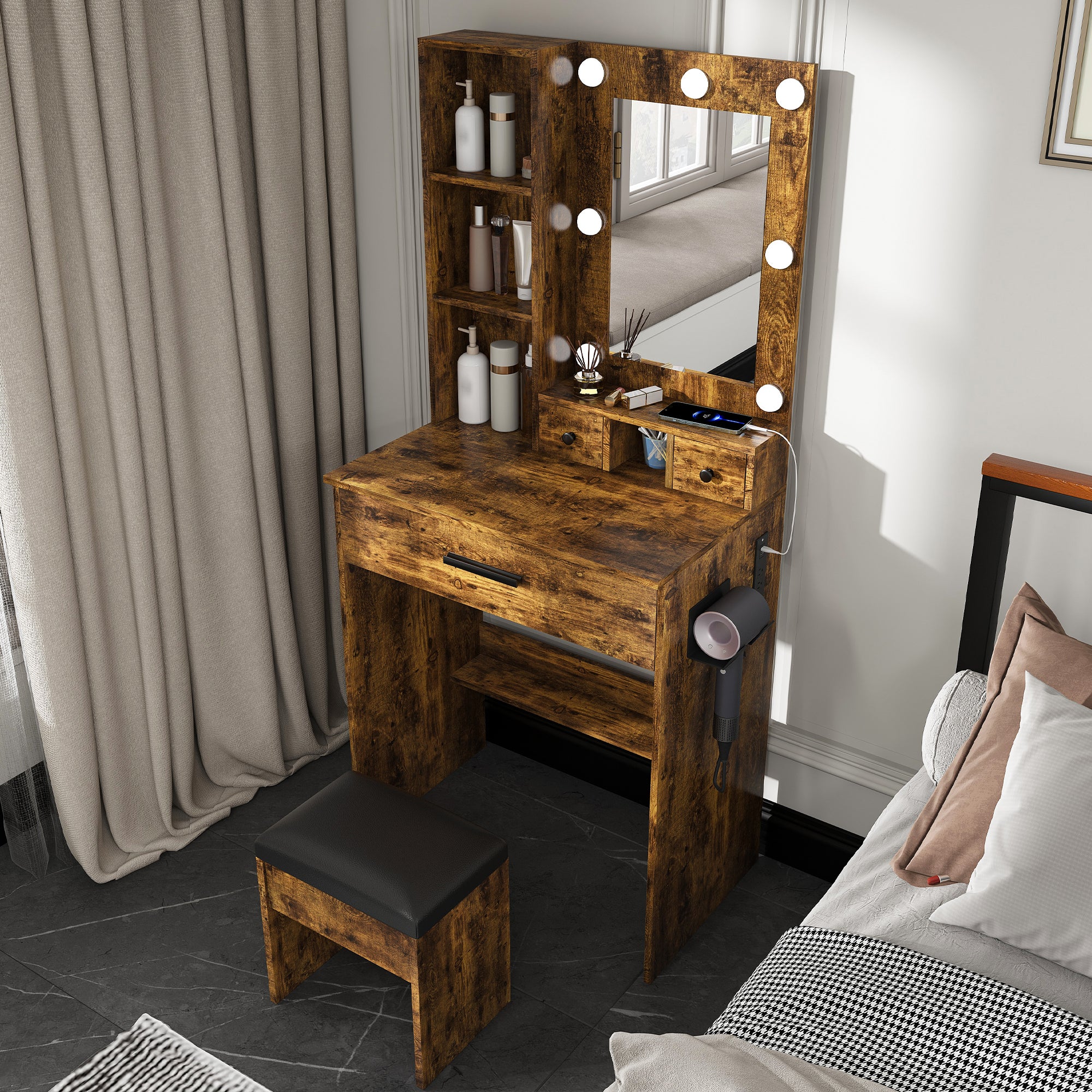 Homy Casa Ariadne 2PC Bedroom Vanity Set with Lighted Mirror, Storage Desk & Nightstand in Walnut Brown & Vintage Finish Open Box