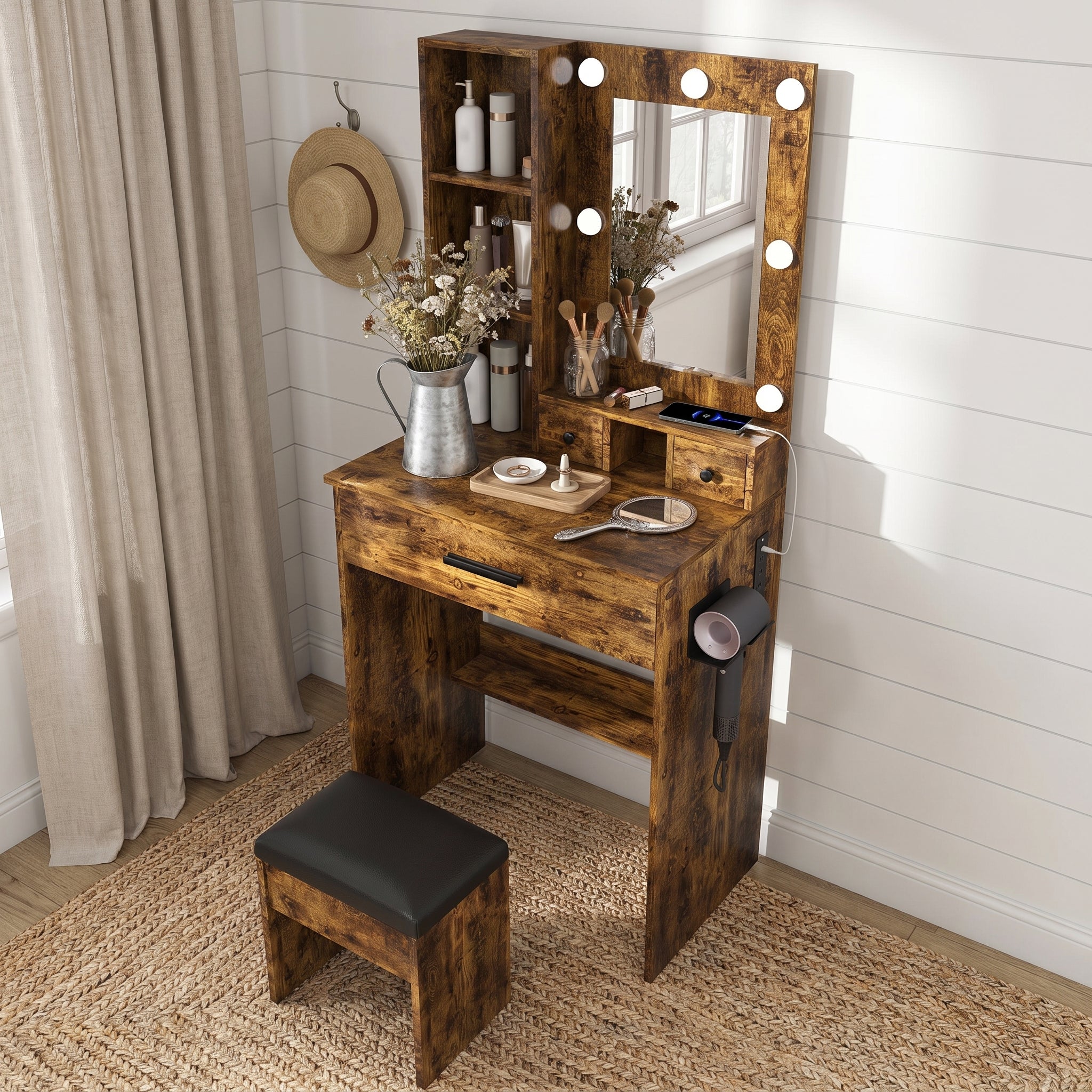 Homy Casa Tonopah 23.62” Vanity Table with Mirror & Adjustable LED Lights, Power Outlet, Hairdryer Holder & Stool Compact Dressing Desk for Small Bedrooms Open Box