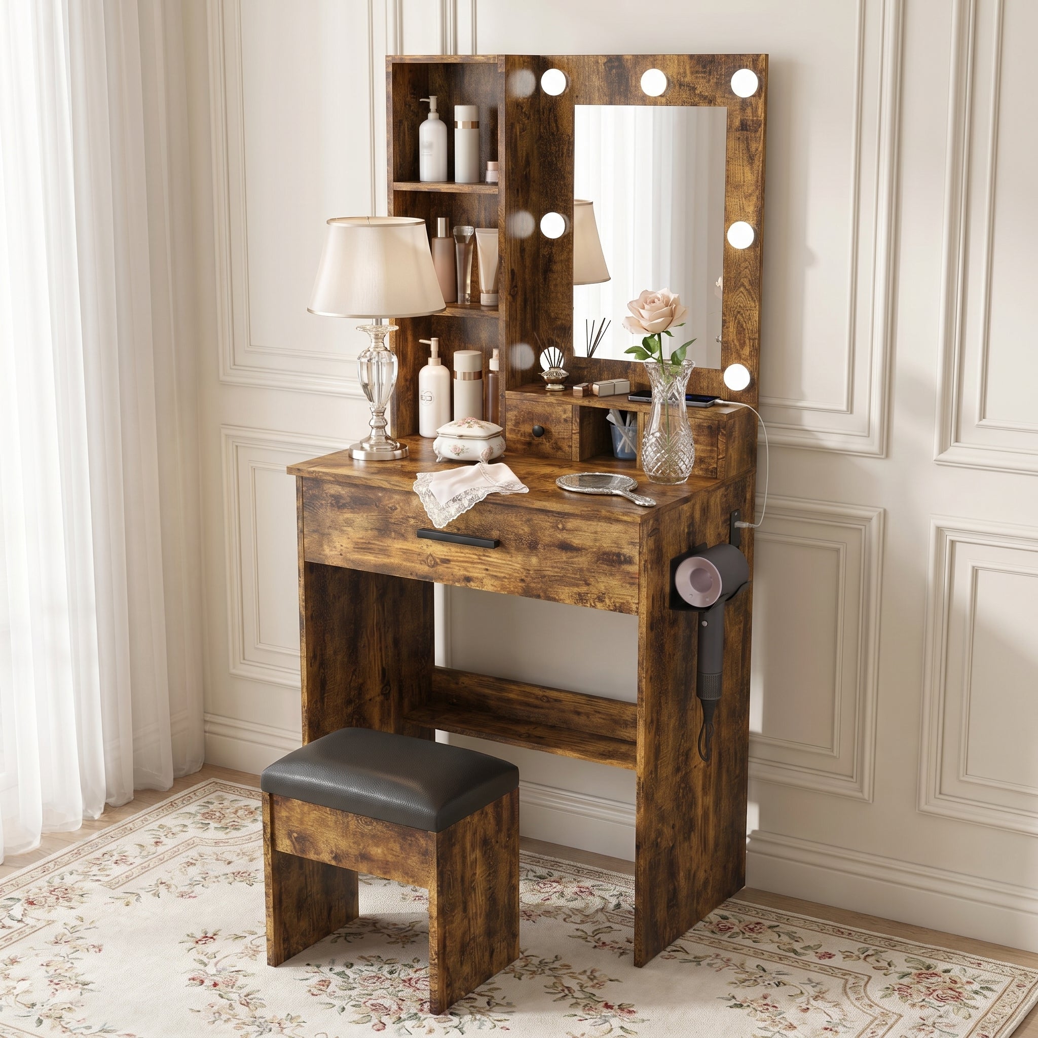 Homy Casa Tonopah 23.62” Vanity Table with Mirror & Adjustable LED Lights, Power Outlet, Hairdryer Holder & Stool Compact Dressing Desk for Small Bedrooms Open Box