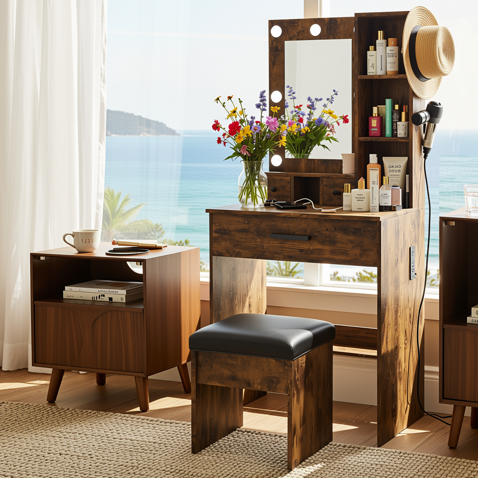 Homy Casa Ariadne 2PC Bedroom Vanity Set with Lighted Mirror, Storage Desk & Nightstand in Walnut Brown & Vintage Finish Open Box