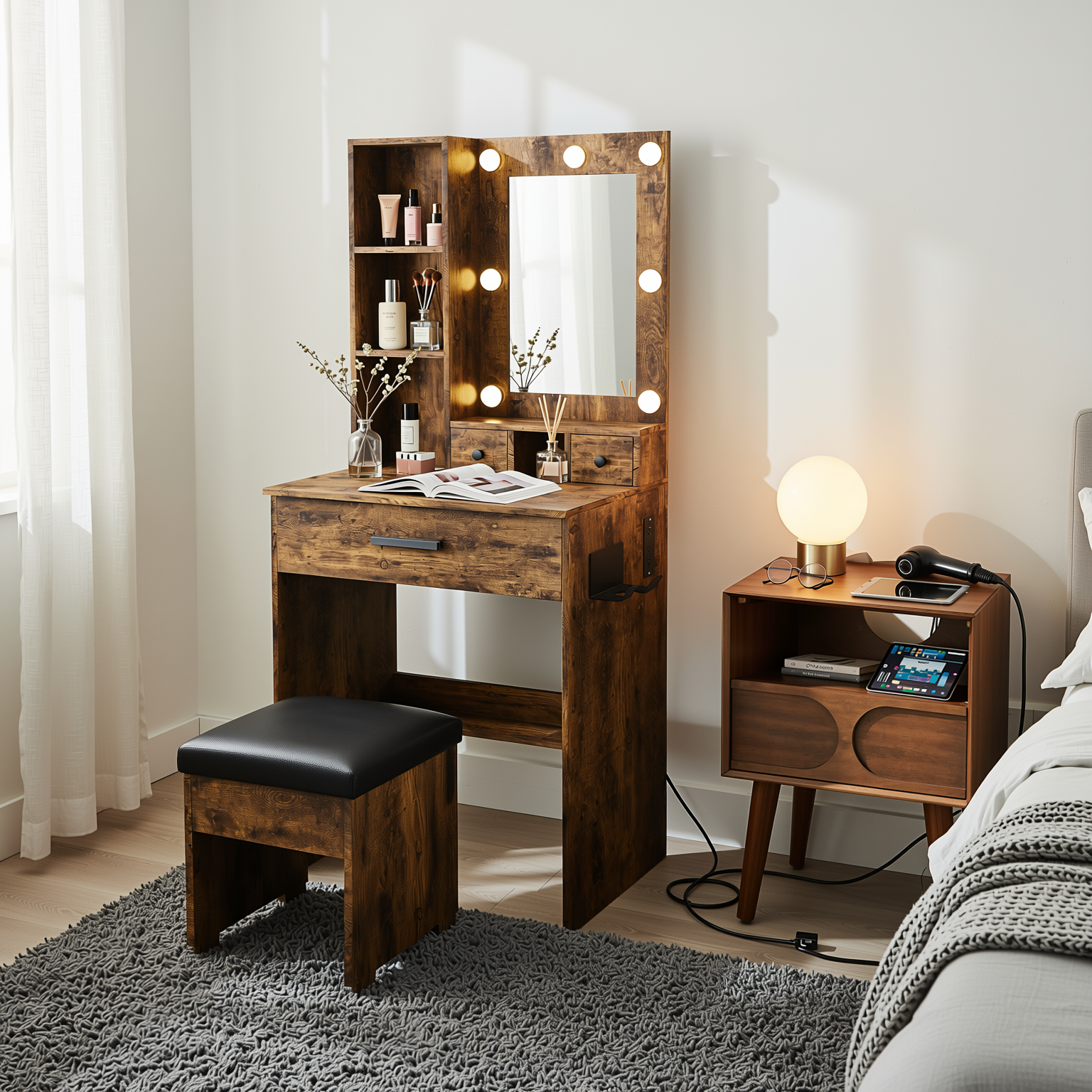 Homy Casa Ariadne 2PC Bedroom Vanity Set with Lighted Mirror, Storage Desk & Nightstand in Walnut Brown & Vintage Finish Open Box