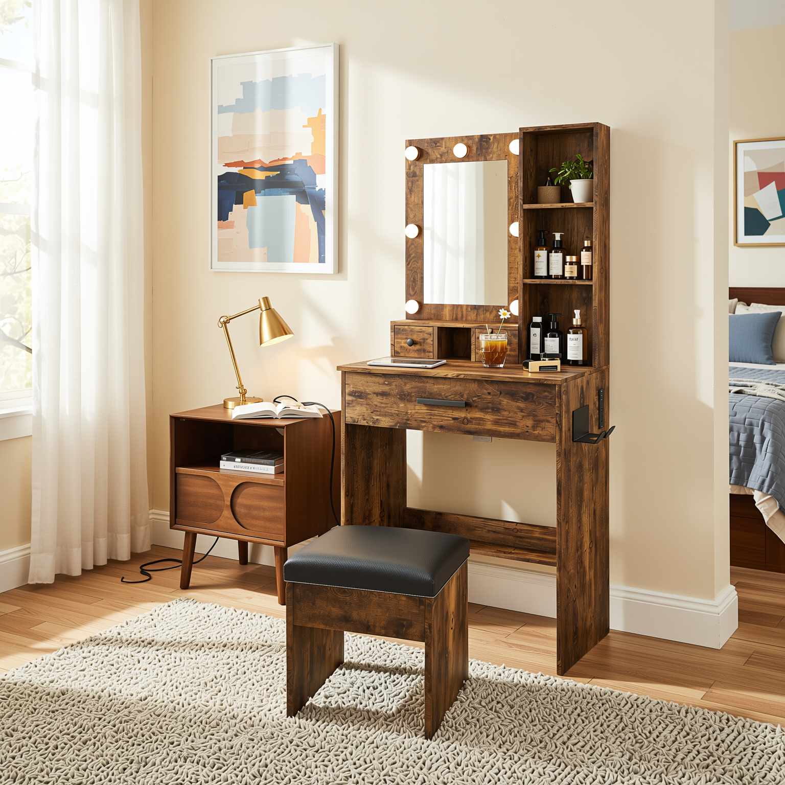 Homy Casa Ariadne 2PC Bedroom Vanity Set with Lighted Mirror, Storage Desk & Nightstand in Walnut Brown & Vintage Finish Open Box