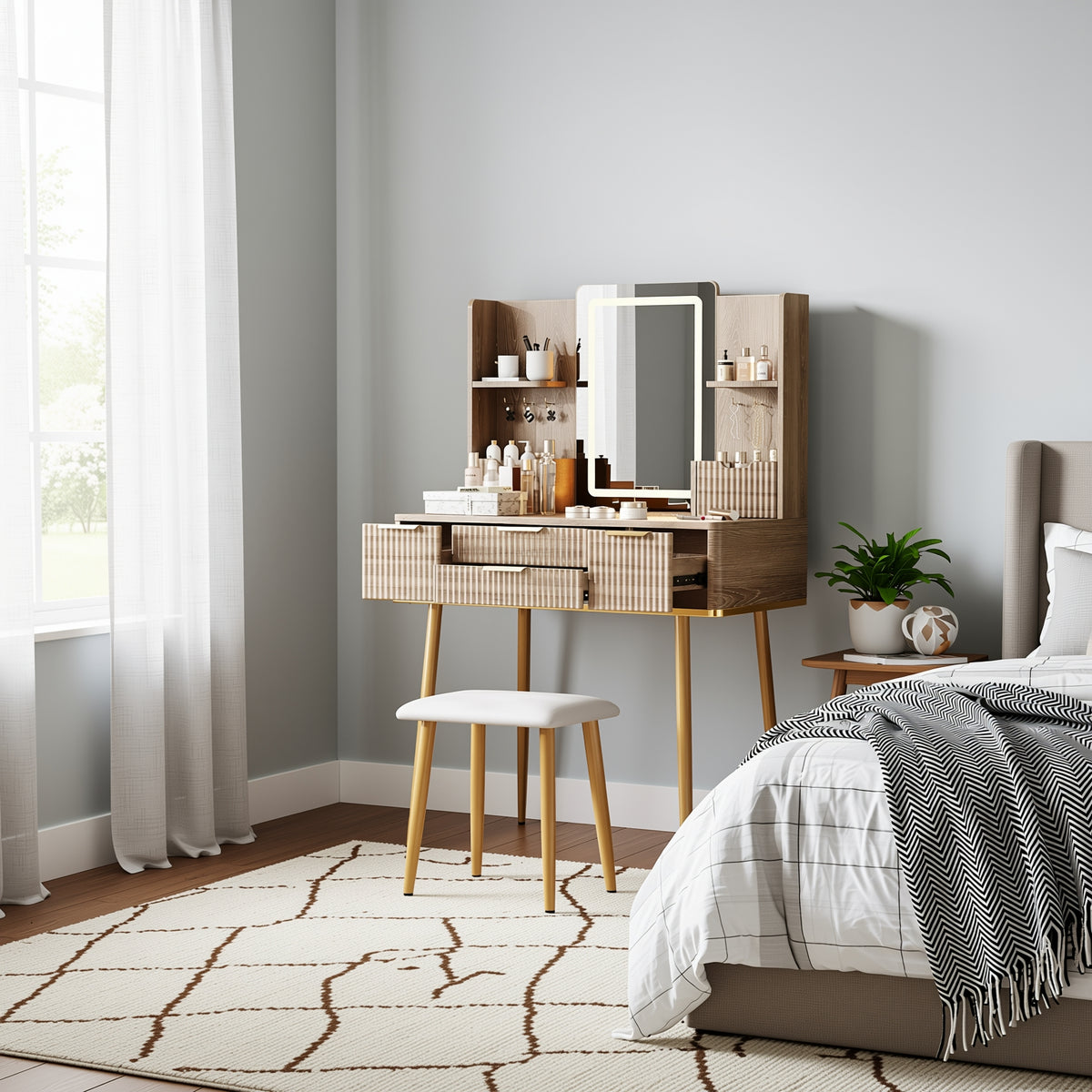 Umea fluted makeup vanity with LED mirror and four drawers