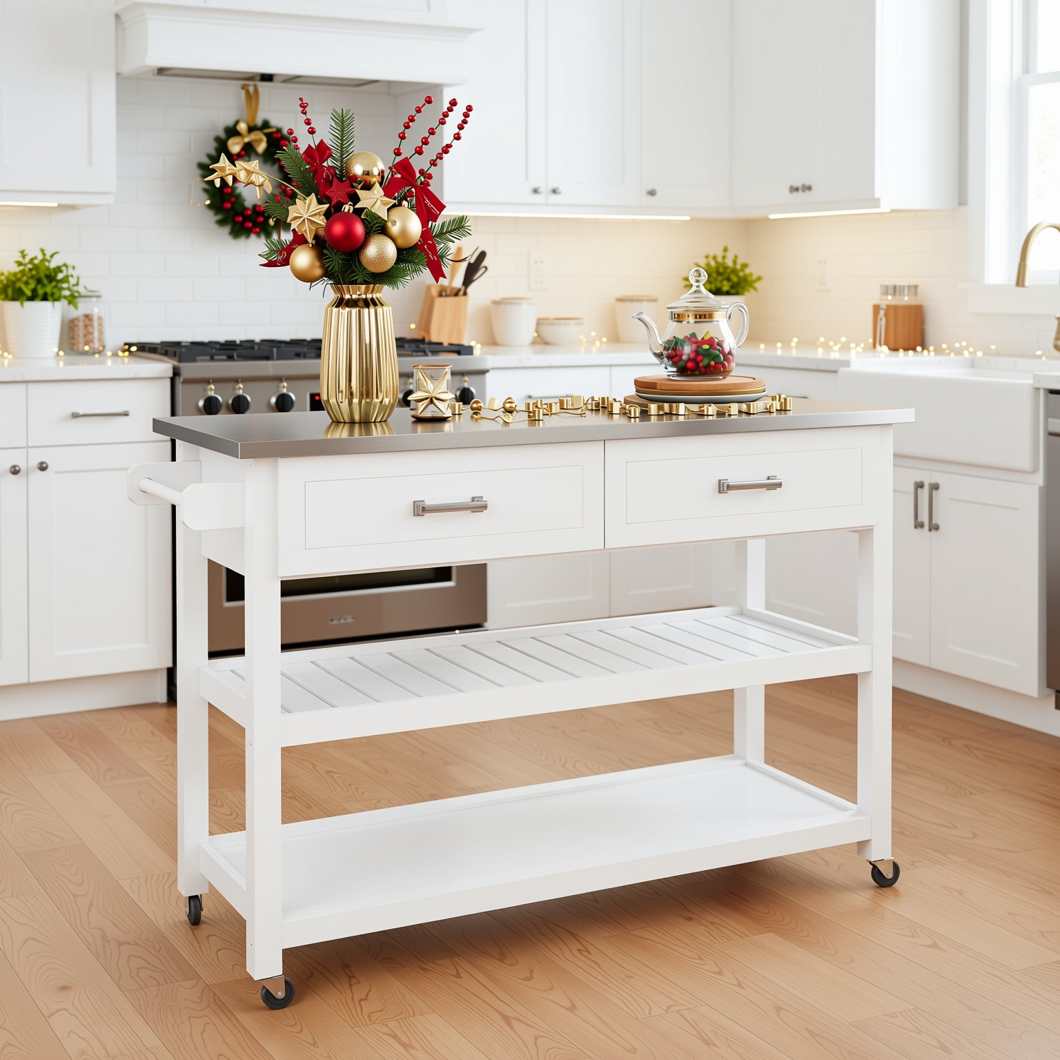 Homy Casa Stainless Steel Table Top White Kicthen Cart With Two Drawers