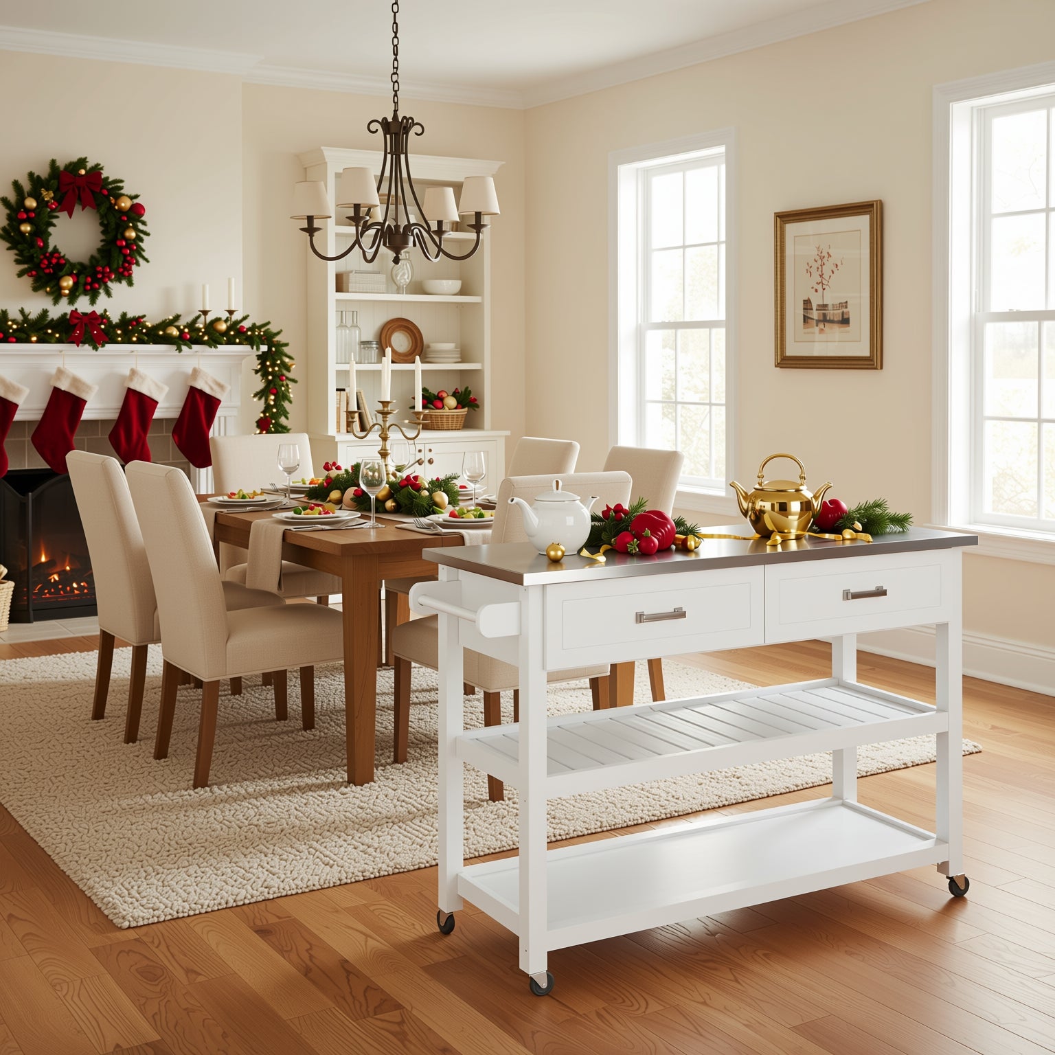 Homy Casa Stainless Steel Table Top White Kicthen Cart With Two Drawers