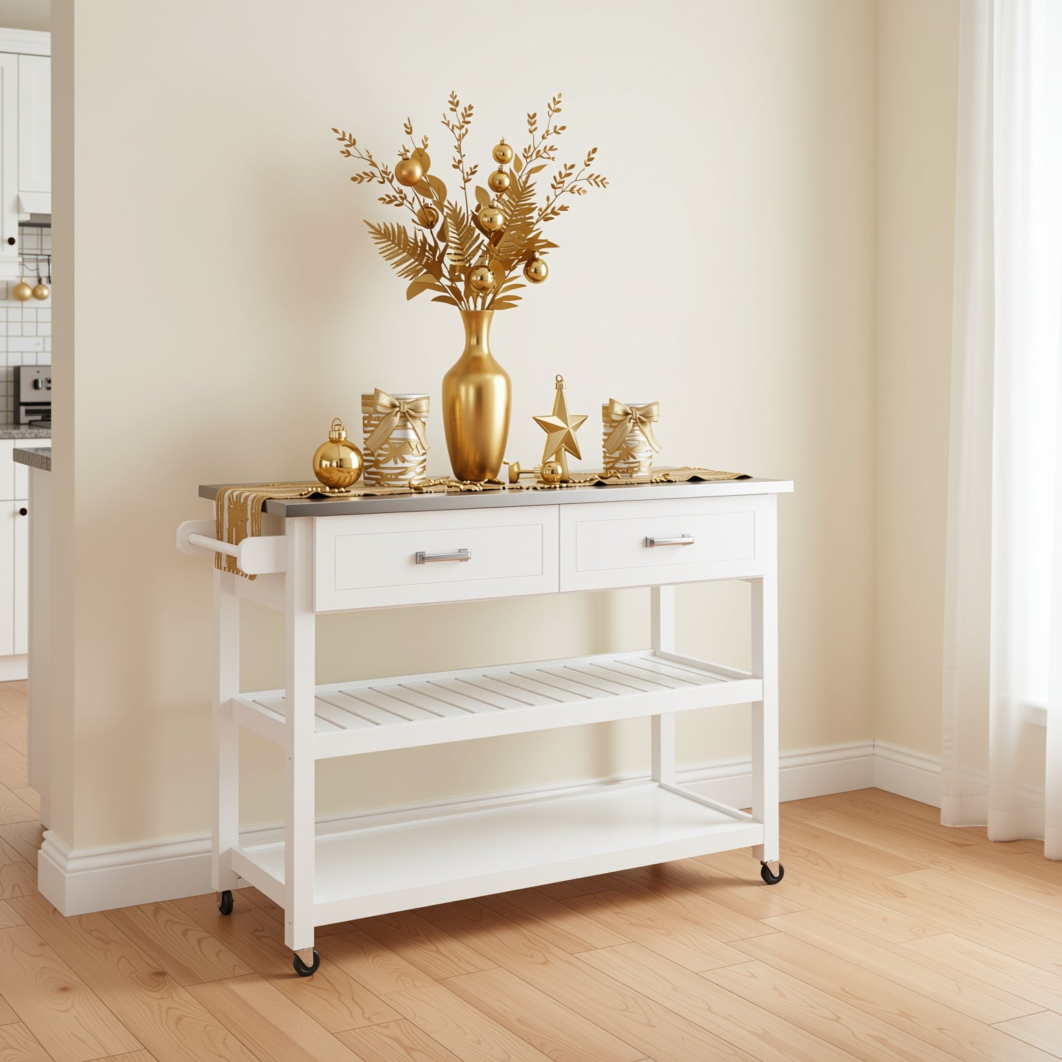 Homy Casa Stainless Steel Table Top White Kicthen Cart With Two Drawers