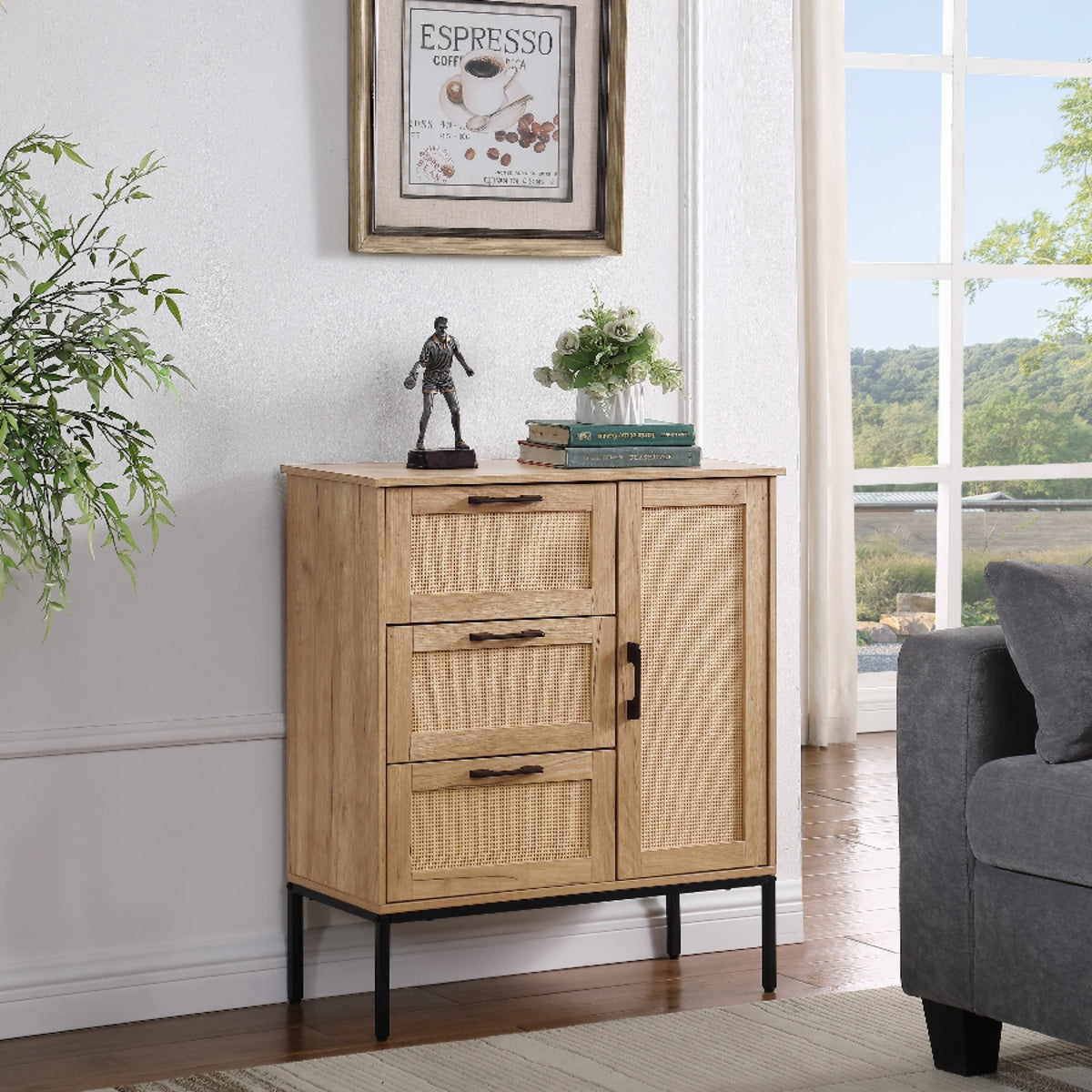 Homy Casa Nara Mid Century Storage Cabinet 27.6" 3 Drawer Rattan Door Organizer Open Box