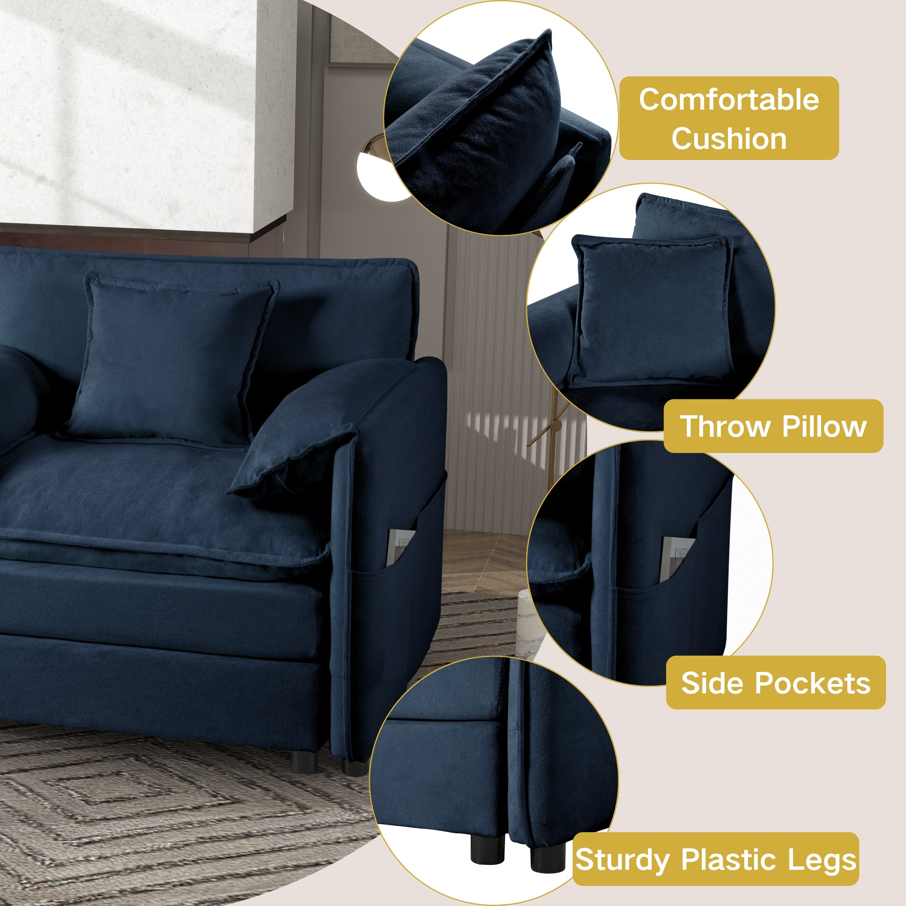 Homy Casa Eretria 2PC Living Room Furniture Set – Chenille Sofa & 70.87" Tall 10-Cube Bookshelf with Cabinet in Blue & Walnut Open Box