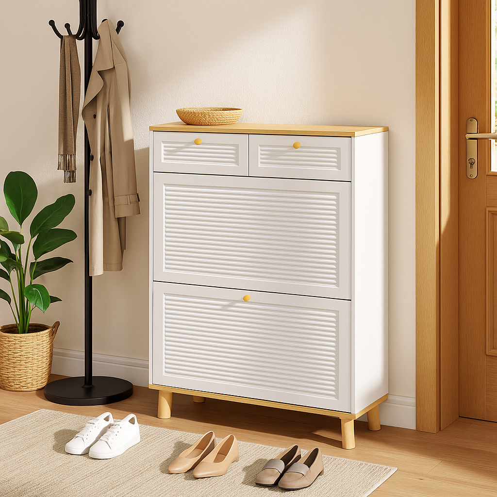 Ruvo Modern Shoe Cabinet with Flip-Up Doors, 31.5" Wide, White & Natural