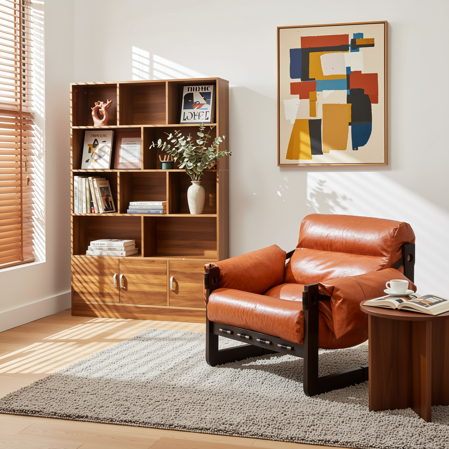 Homy Casa Aegina 2PC Living Room Furniture Set Retro Orange Oil Waxed Leather Sofa & Walnut 70.87" Tall Bookshelf with 10 Cubes and 3 Doors Open Box