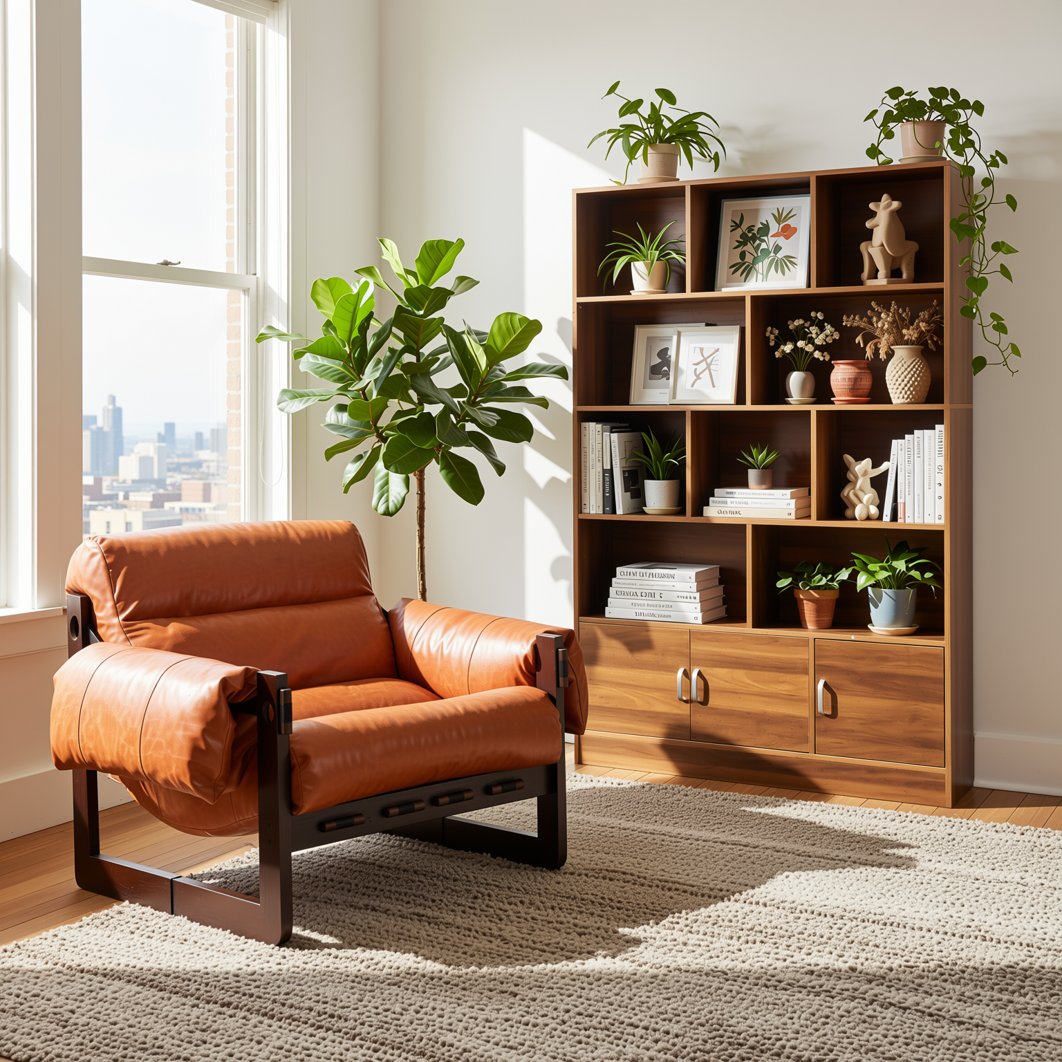 Homy Casa Aegina 2PC Living Room Furniture Set Retro Orange Oil Waxed Leather Sofa & Walnut 70.87" Tall Bookshelf with 10 Cubes and 3 Doors Open Box