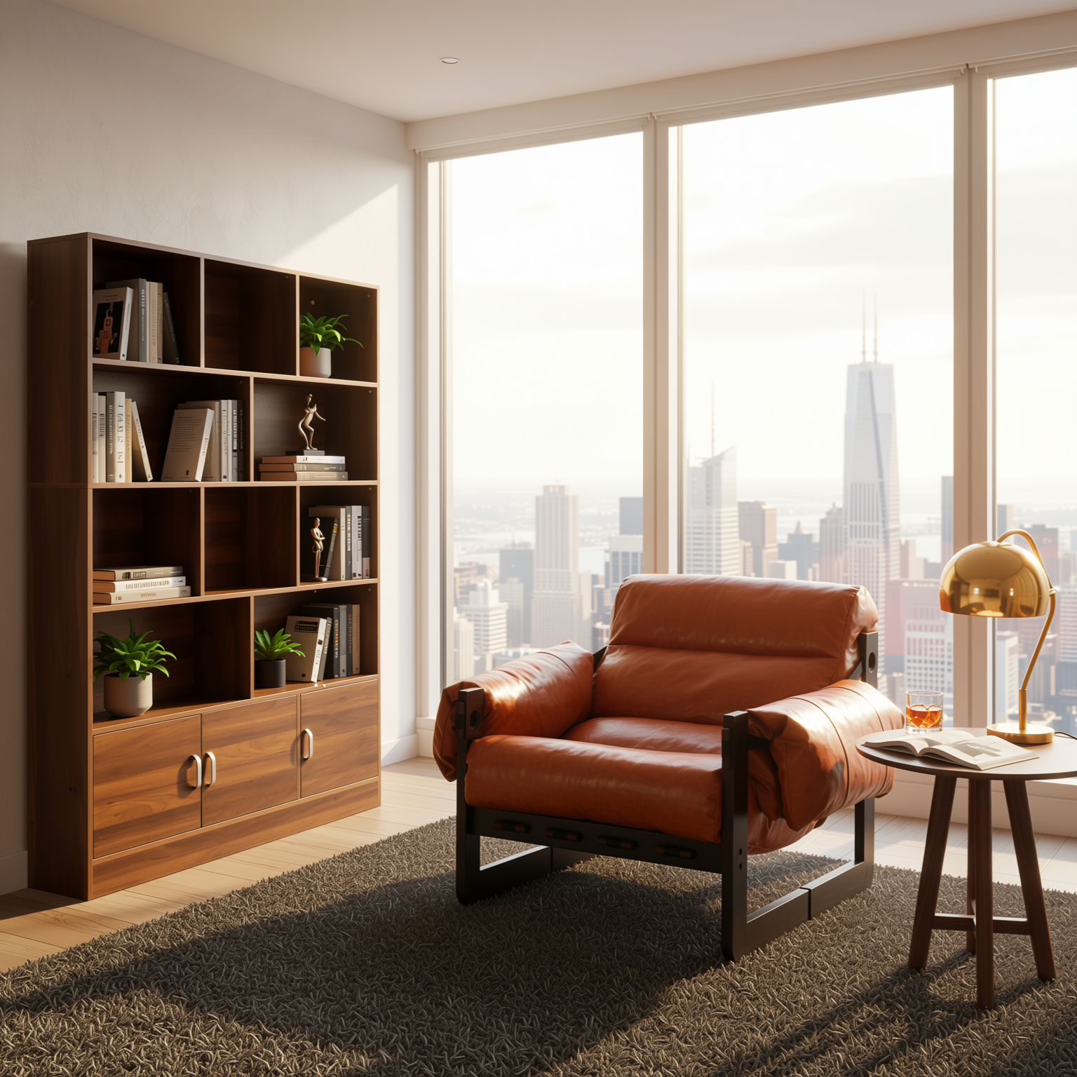 Homy Casa Aegina 2PC Living Room Furniture Set Retro Orange Oil Waxed Leather Sofa & Walnut 70.87" Tall Bookshelf with 10 Cubes and 3 Doors Open Box