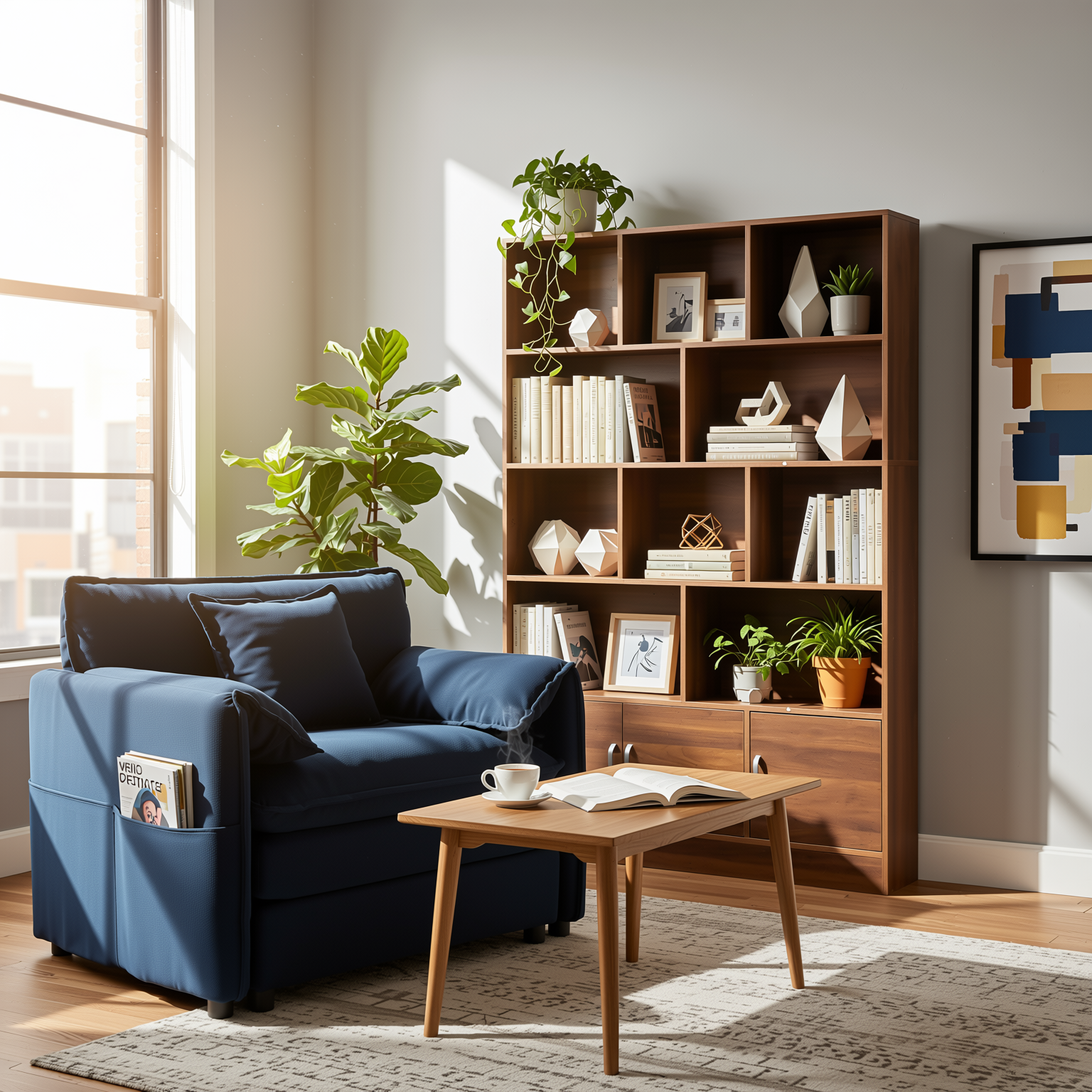 Homy Casa Eretria 2PC Living Room Furniture Set – Chenille Sofa & 70.87" Tall 10-Cube Bookshelf with Cabinet in Blue & Walnut Open Box