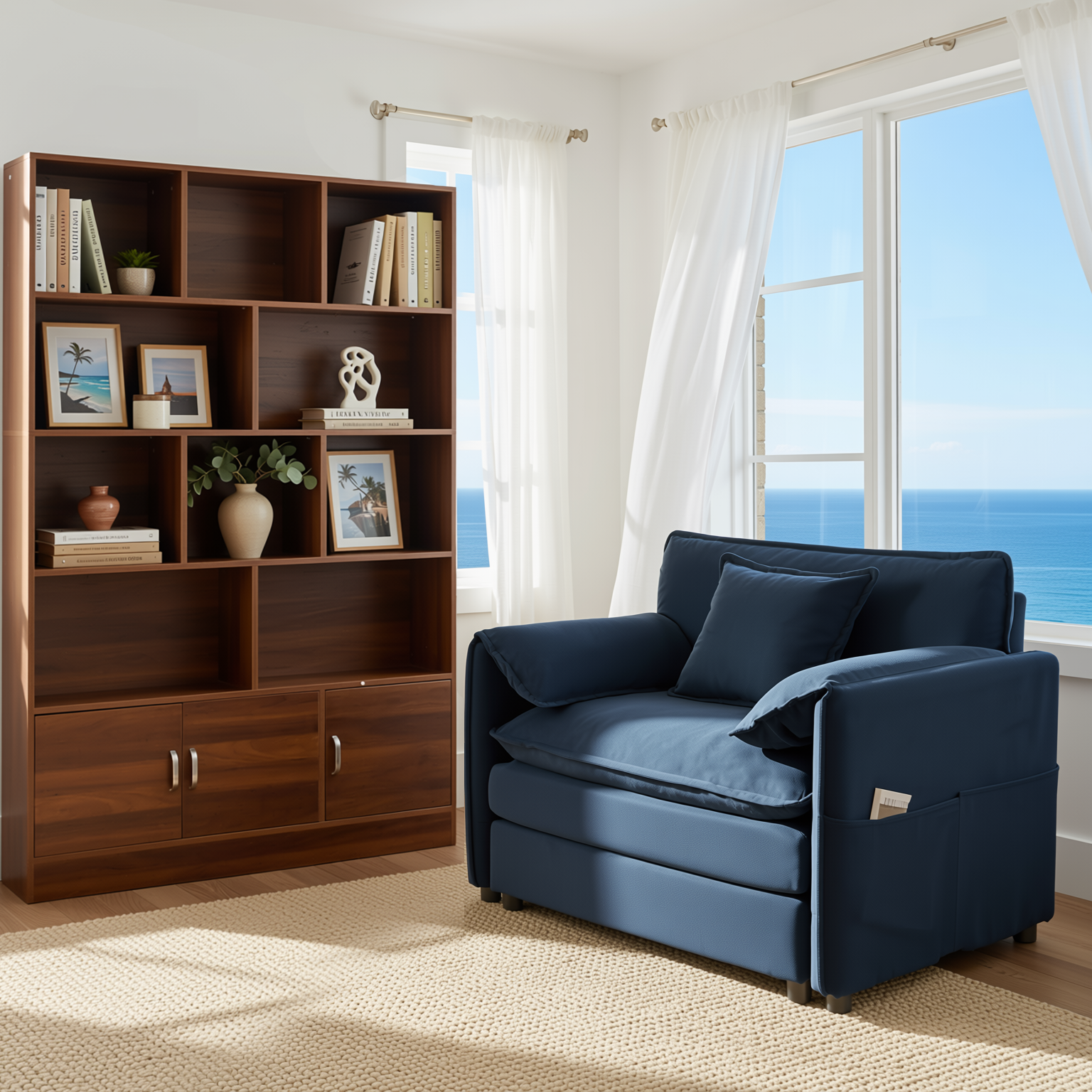 Homy Casa Eretria 2PC Living Room Furniture Set – Chenille Sofa & 70.87" Tall 10-Cube Bookshelf with Cabinet in Blue & Walnut Open Box