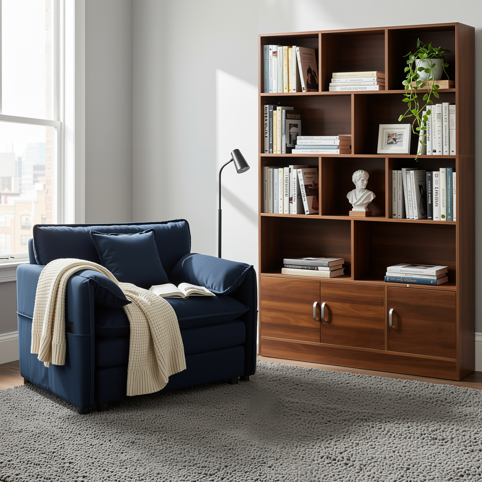 Homy Casa Eretria 2PC Living Room Furniture Set – Chenille Sofa & 70.87" Tall 10-Cube Bookshelf with Cabinet in Blue & Walnut Open Box