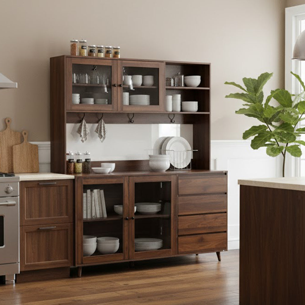 Kaunas 63" Walnut Kitchen Hutch Cabinet with Open Shelves and Drawers