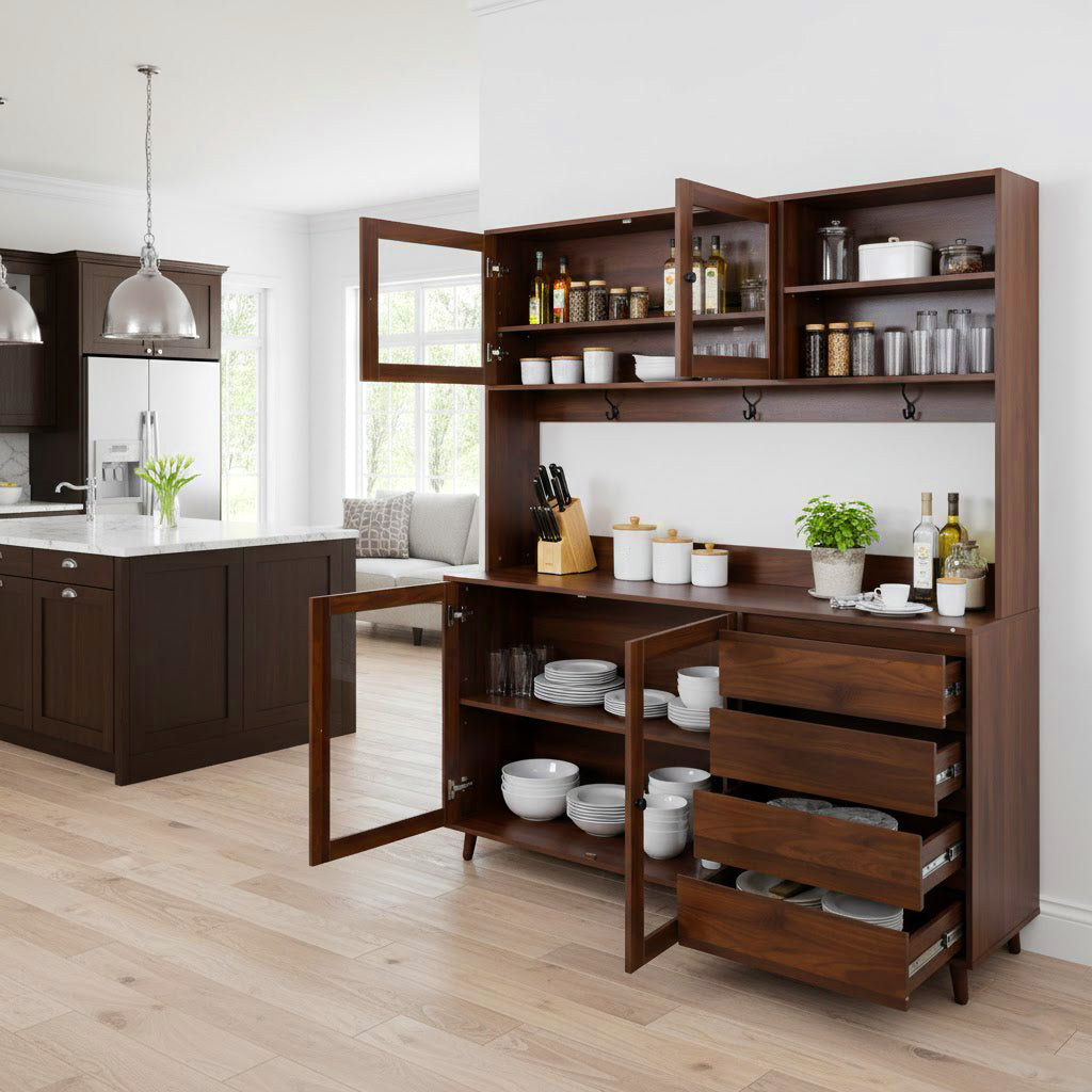 Kaunas 63" Walnut Kitchen Hutch Cabinet with Open Shelves and Drawers