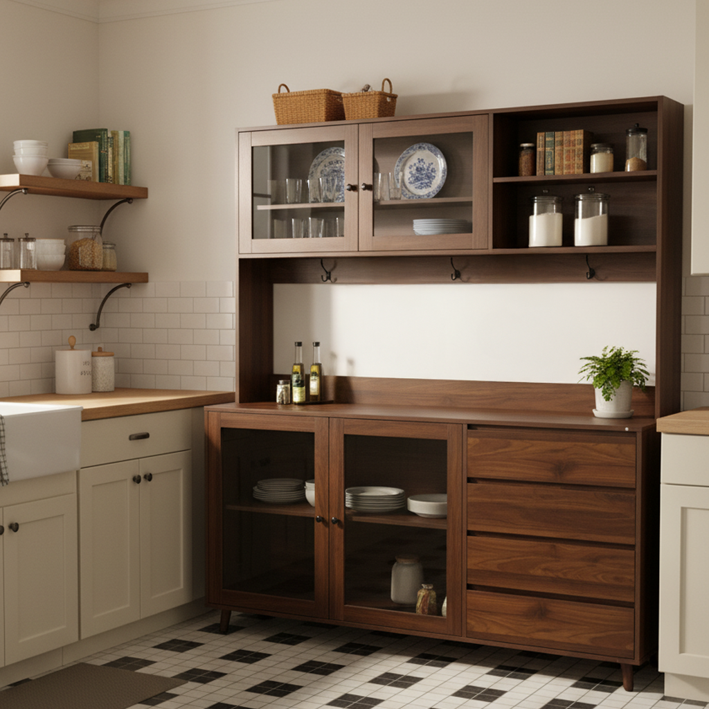 Kaunas 63" Walnut Kitchen Hutch Cabinet with Open Shelves and Drawers