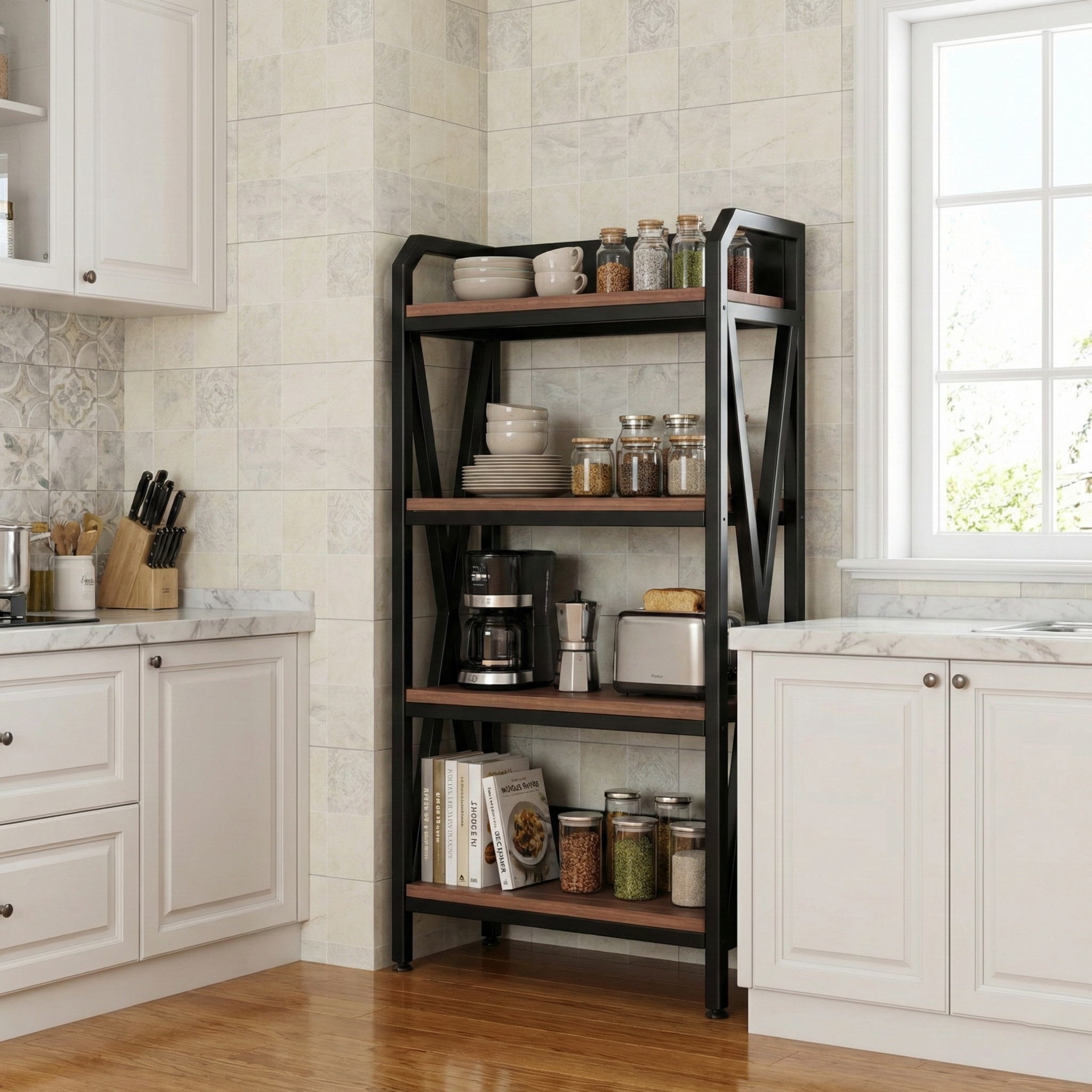 Tartu 56.3" Baker’s Rack with 4-Tier Storage Shelves, 33.5" Wide