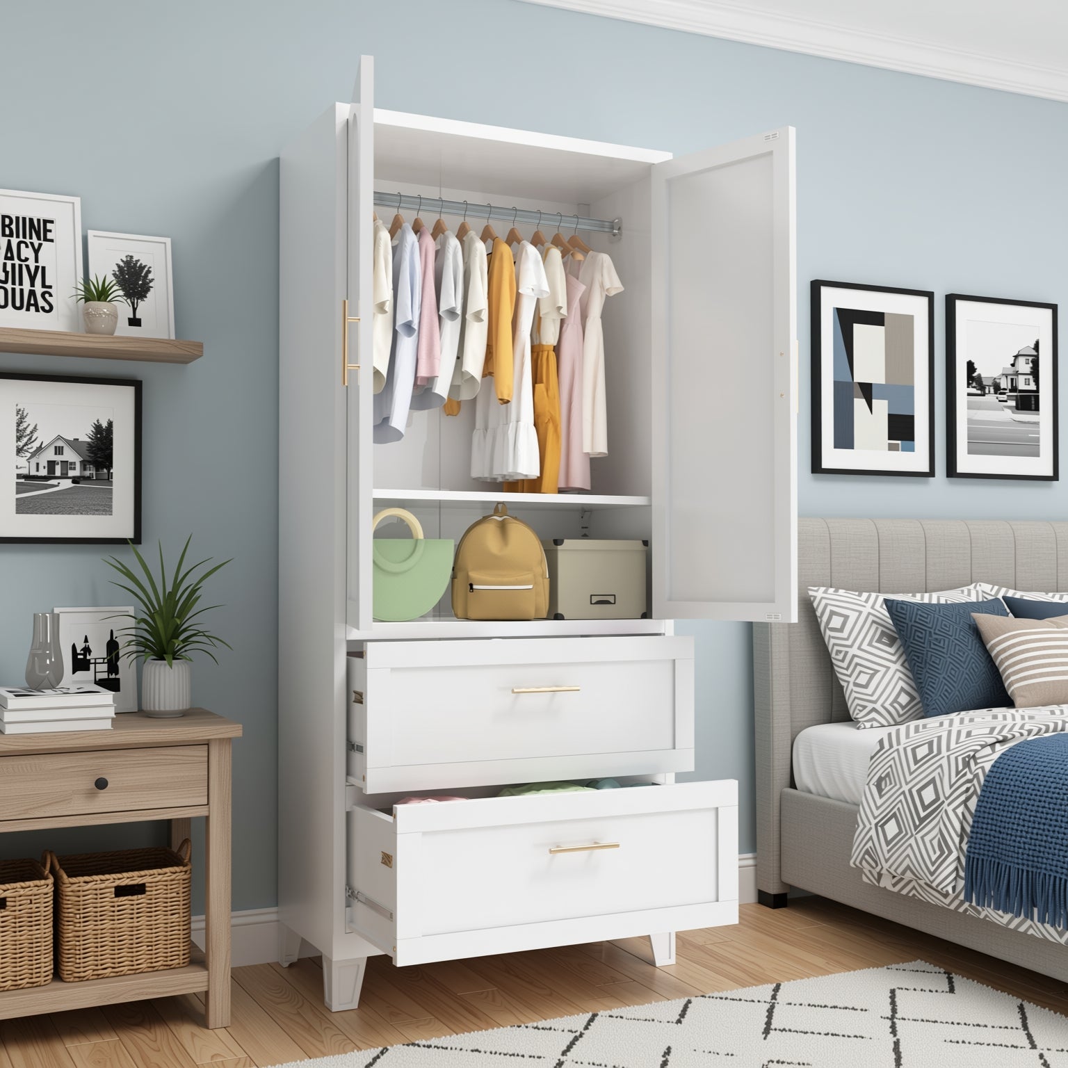 Elva 71" Wardrobe Closet with 2 Drawers and Hanging Rod