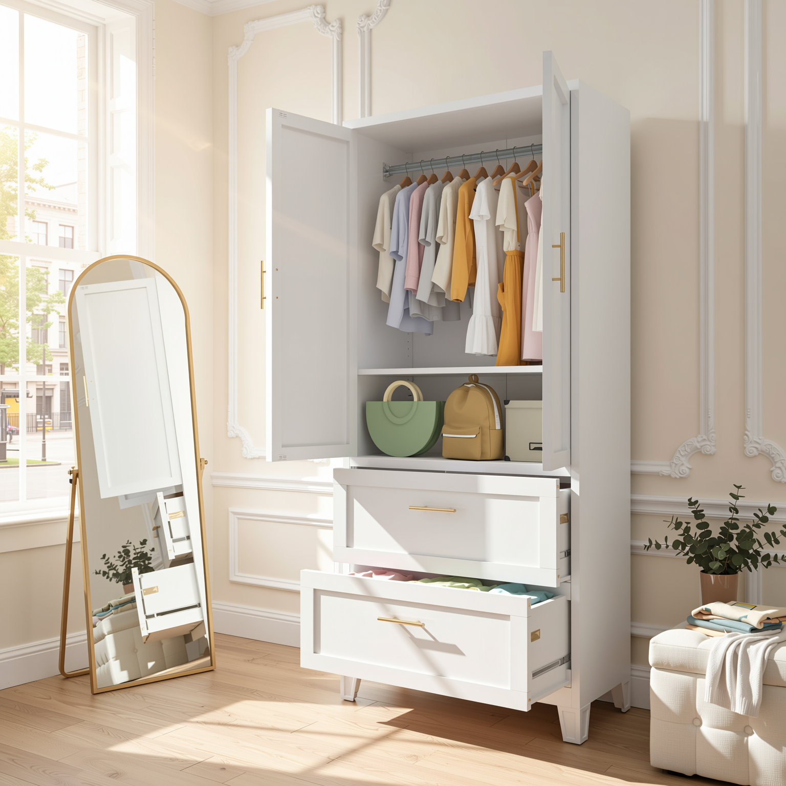Elva 71" Wardrobe Closet with 2 Drawers and Hanging Rod