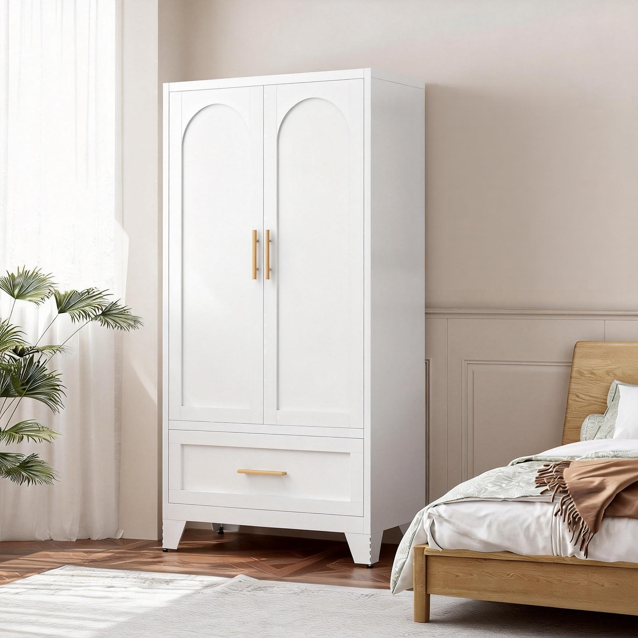 Elva 60" Wardrobe Closet with Drawer and Hanging Rod