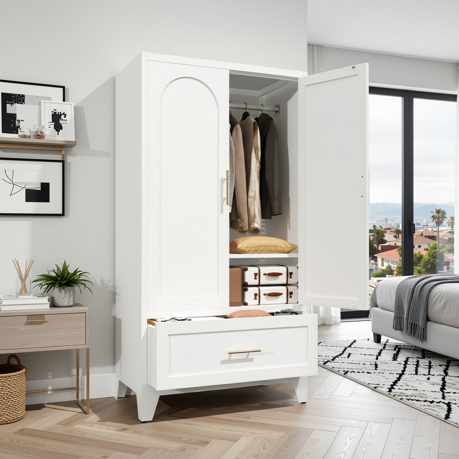 Elva 60" Wardrobe Closet with Drawer and Hanging Rod