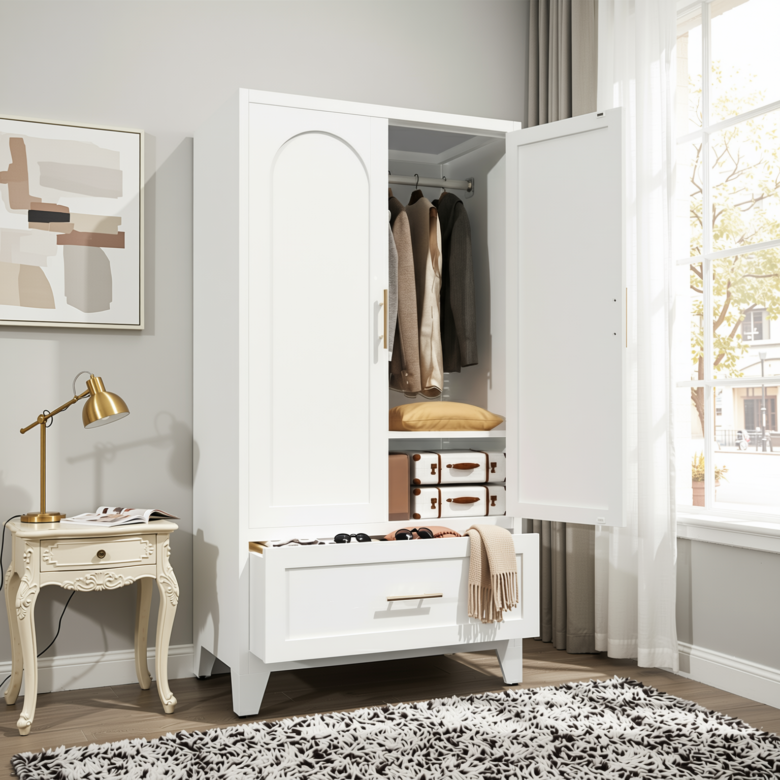 Elva 60" Wardrobe Closet with Drawer and Hanging Rod