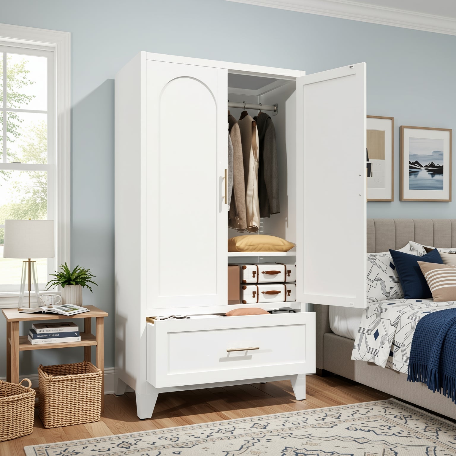 Elva 60" Wardrobe Closet with Drawer and Hanging Rod