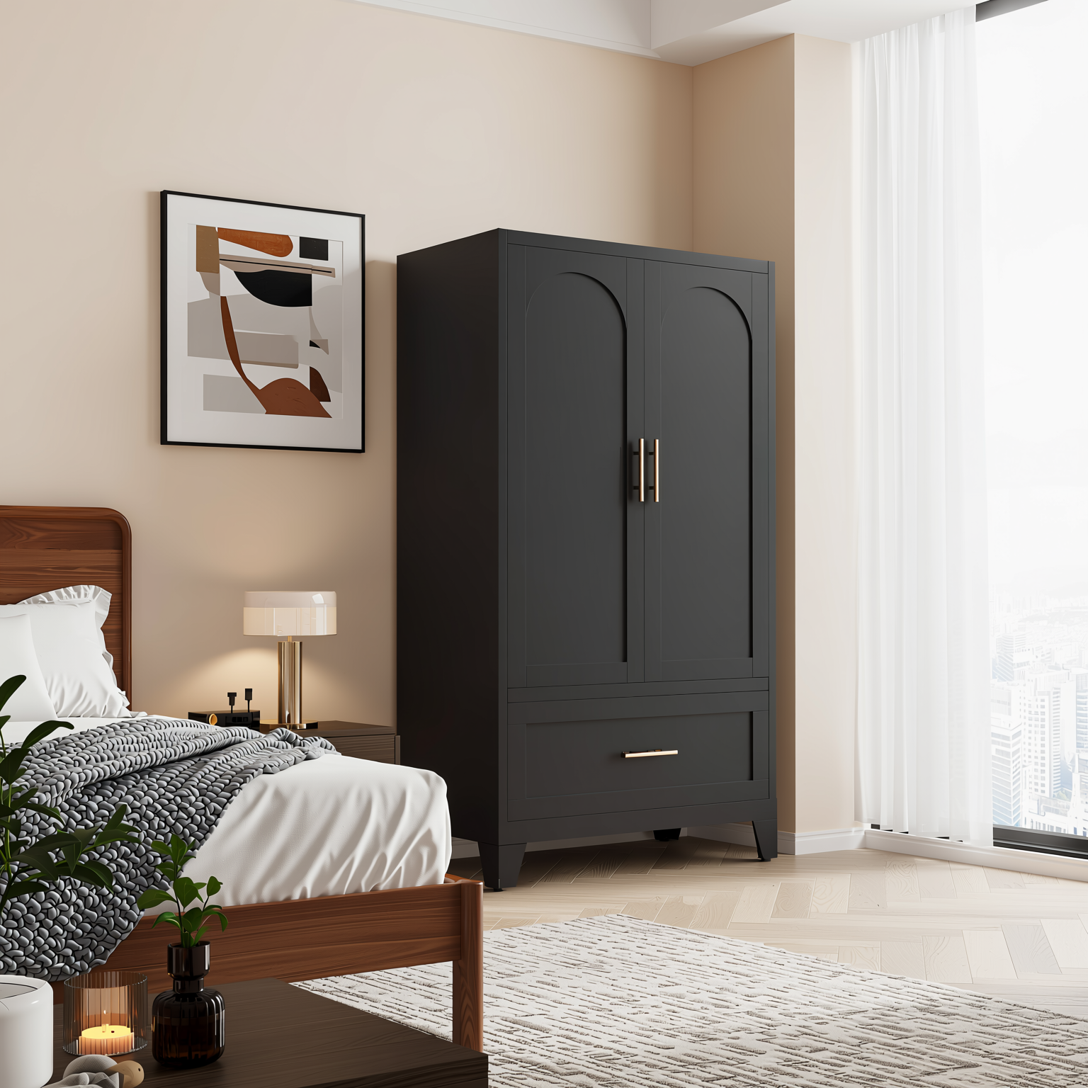 Elva 60" Wardrobe Closet with Drawer and Hanging Rod