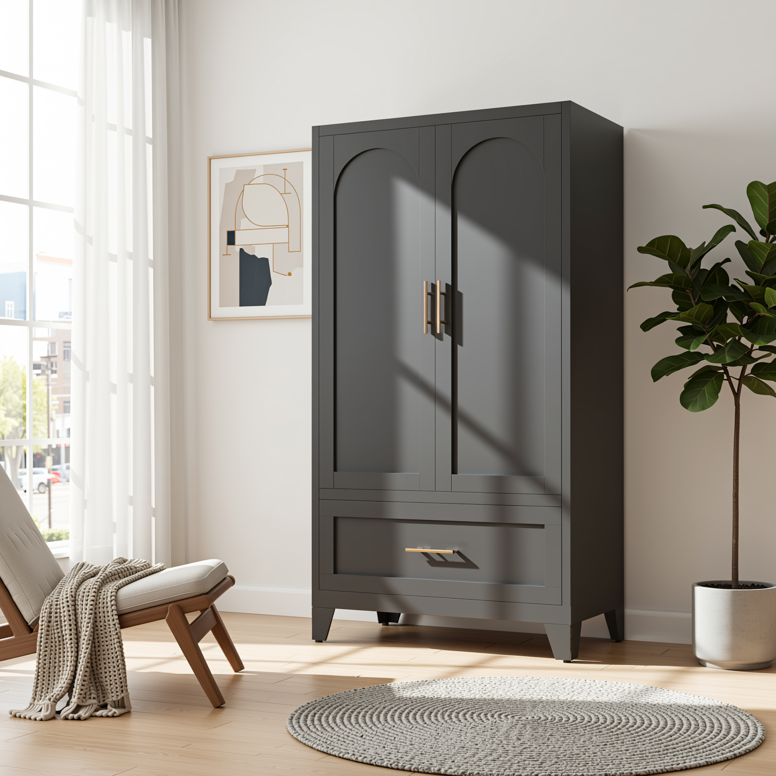 Elva 60" Wardrobe Closet with Drawer and Hanging Rod
