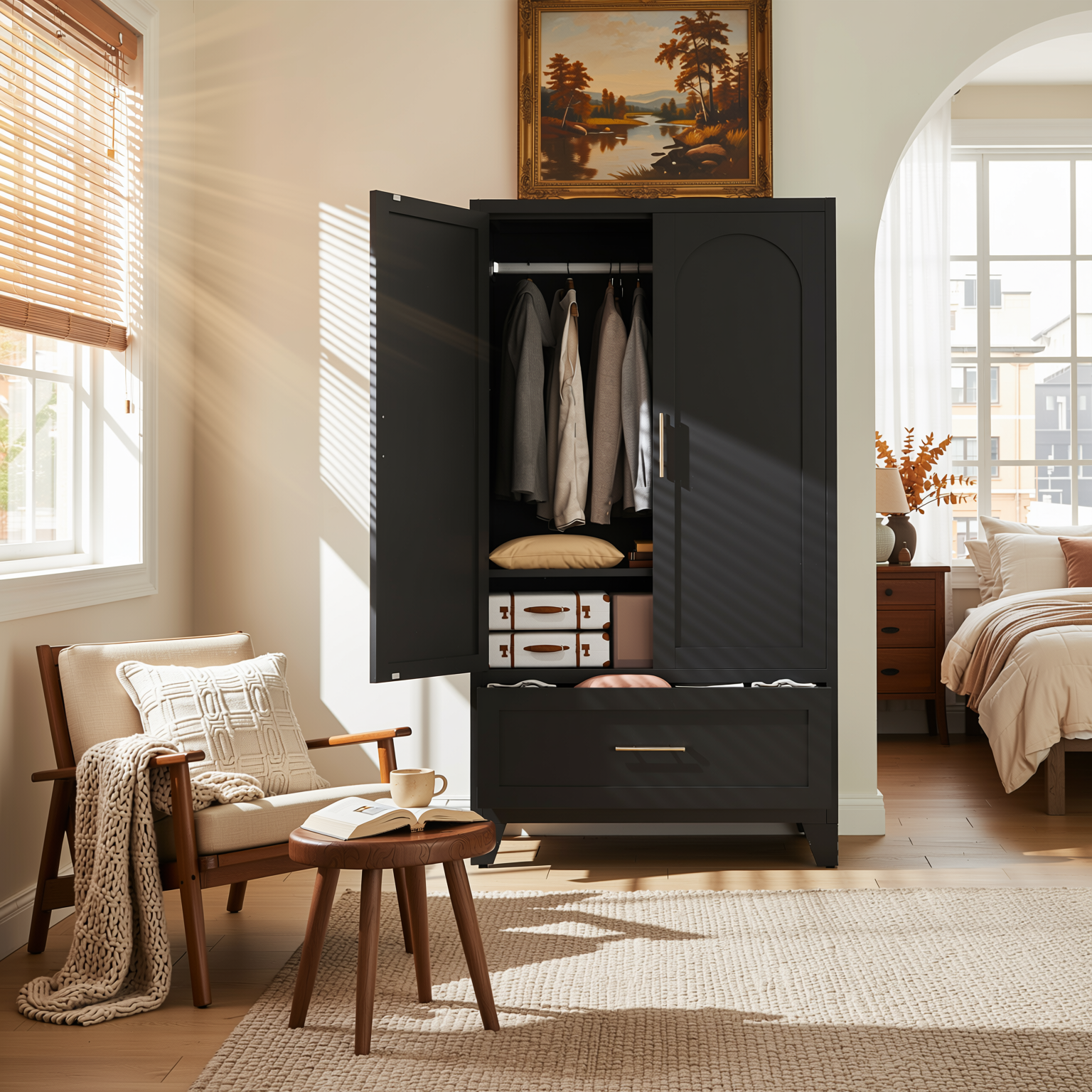 Elva 60" Wardrobe Closet with Drawer and Hanging Rod