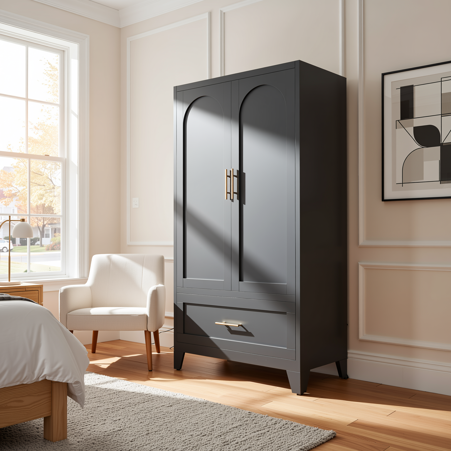 Elva 60" Wardrobe Closet with Drawer and Hanging Rod