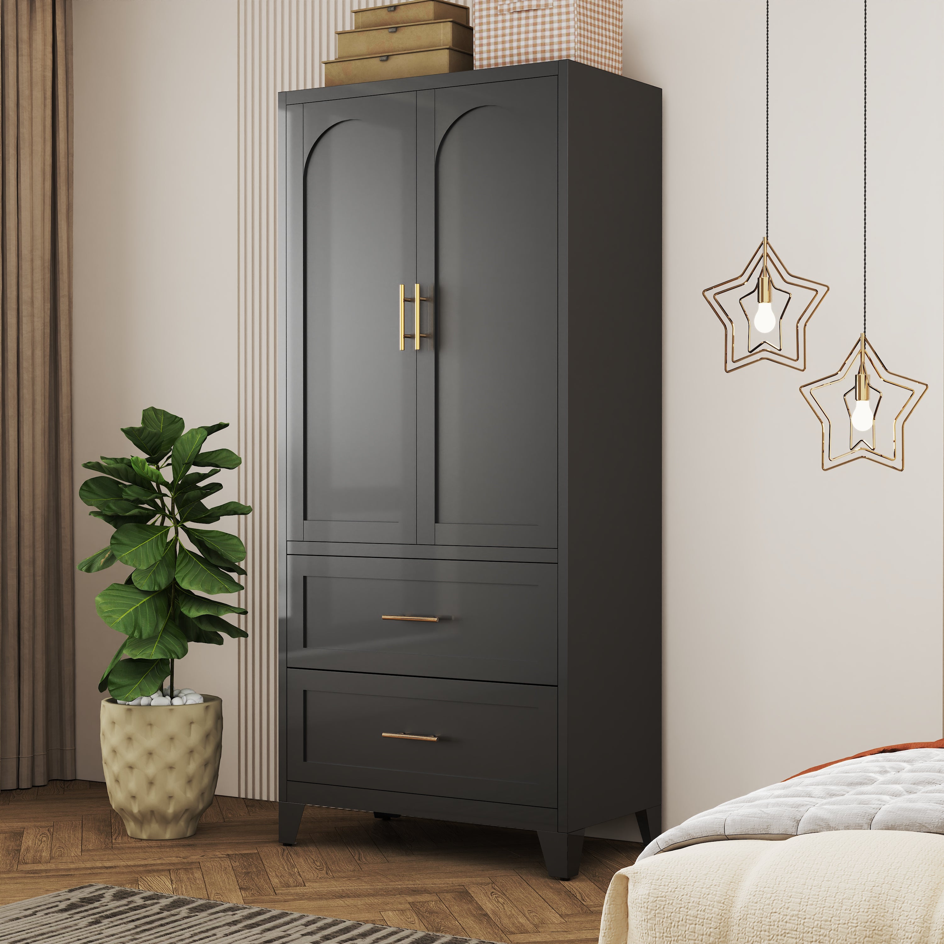 Elva 71" Wardrobe Closet with 2 Drawers and Hanging Rod