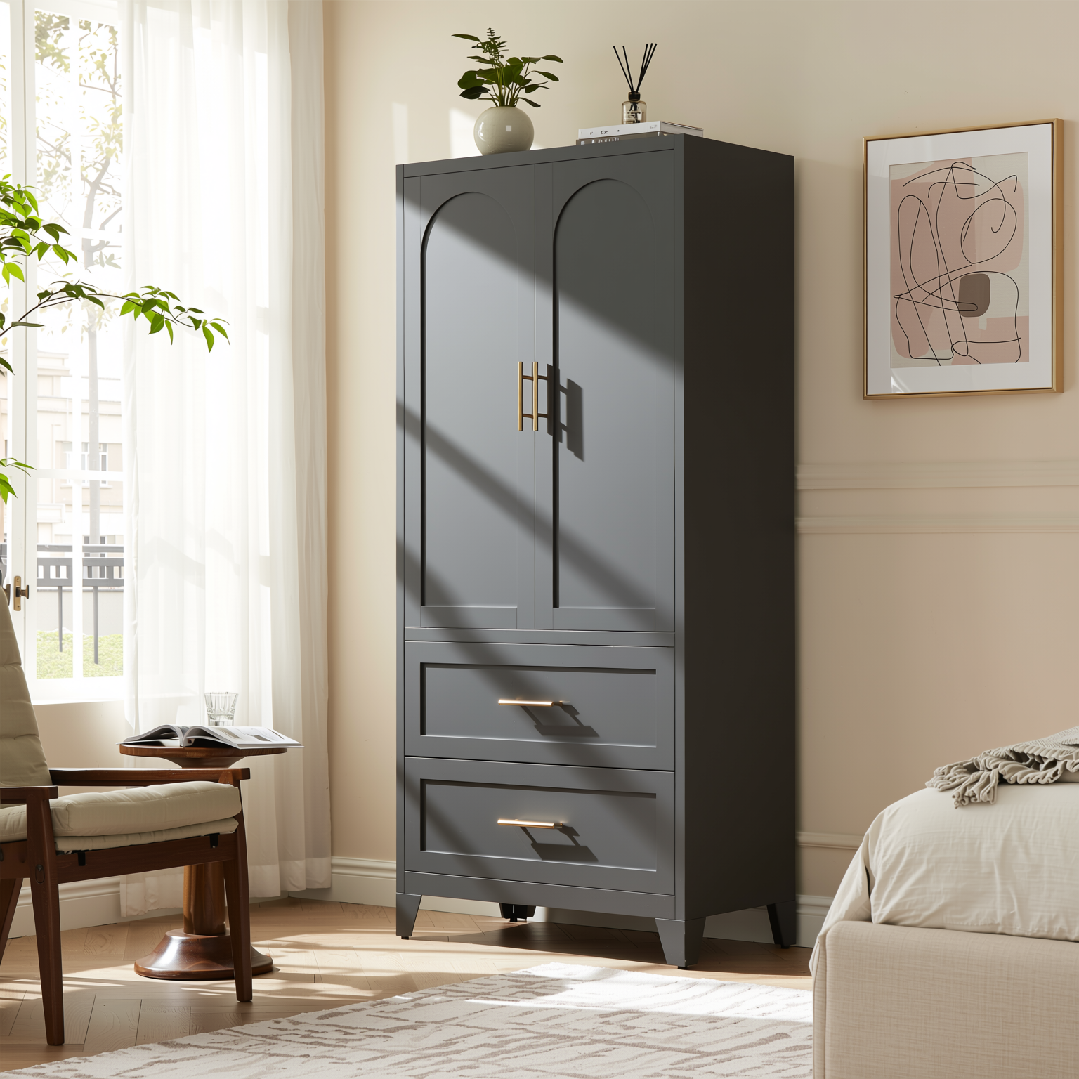 Elva 71" Wardrobe Closet with 2 Drawers and Hanging Rod