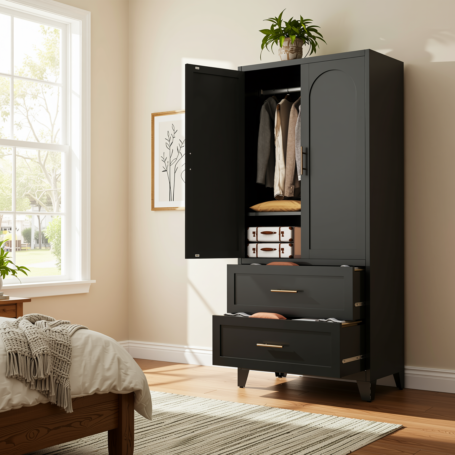 Elva 71" Wardrobe Closet with 2 Drawers and Hanging Rod