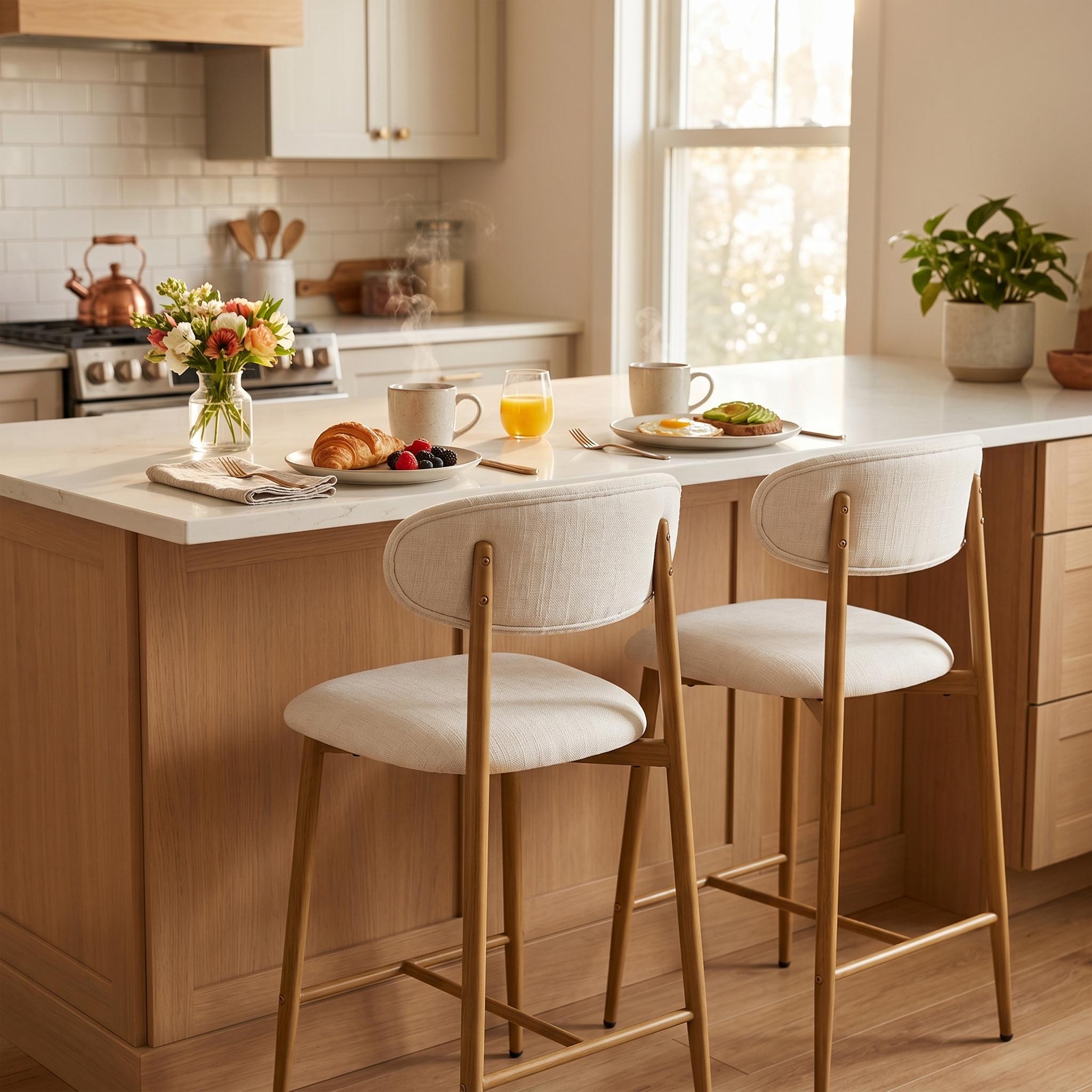 Homy Casa Fauntleroy 2PC 26" Counter Height Bar Stools with Upholstered Beige Seats and Wood Finish Metal Frame Open Box