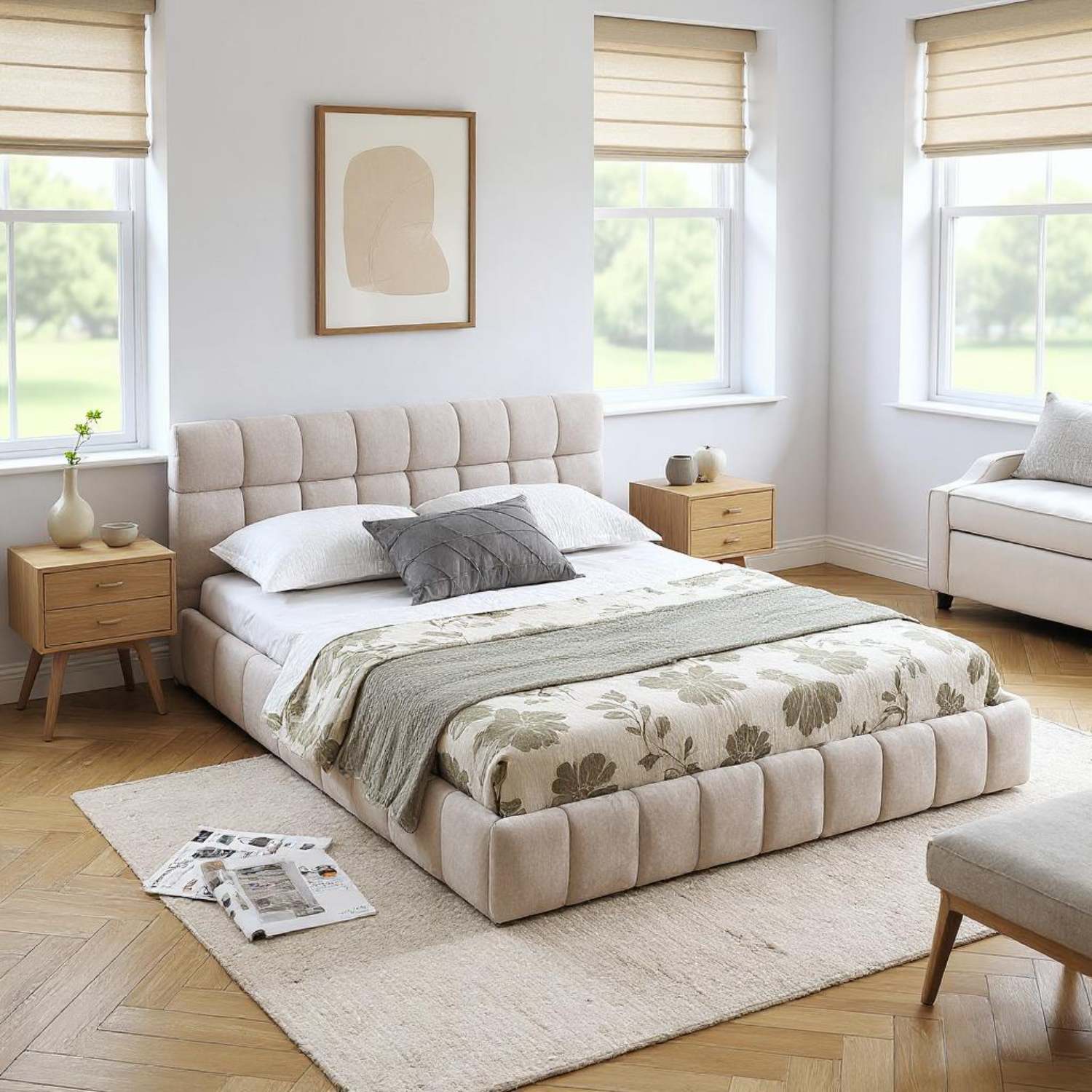 Sanna Chenille Upholstered Queen Platform Bed with Tufted Headboard