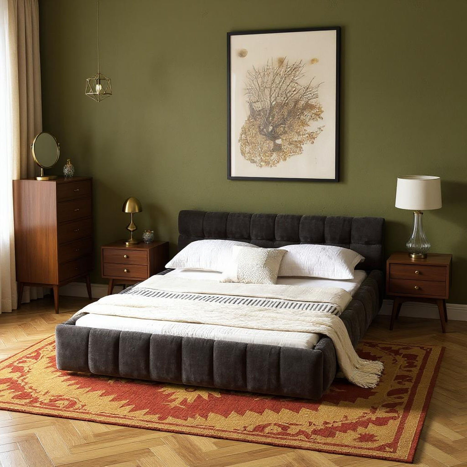 Sanna Chenille Upholstered Queen Platform Bed with Tufted Headboard