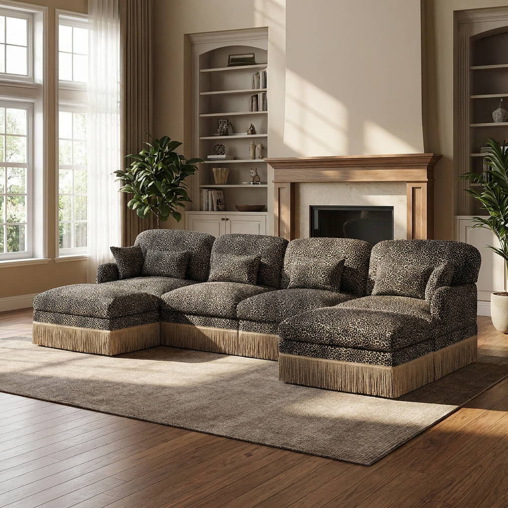 Tucson 131" Modular Leopard Print Chenille U-Shaped Sectional Sofa with 2 Ottomans and Fringe Trim