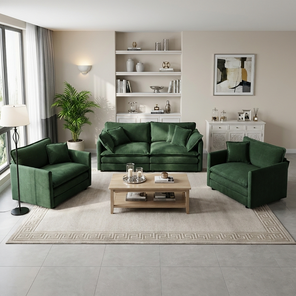 Fremont 3 Piece Chenille Upholstered Modular Sofa Set with Armchairs and Loveseat