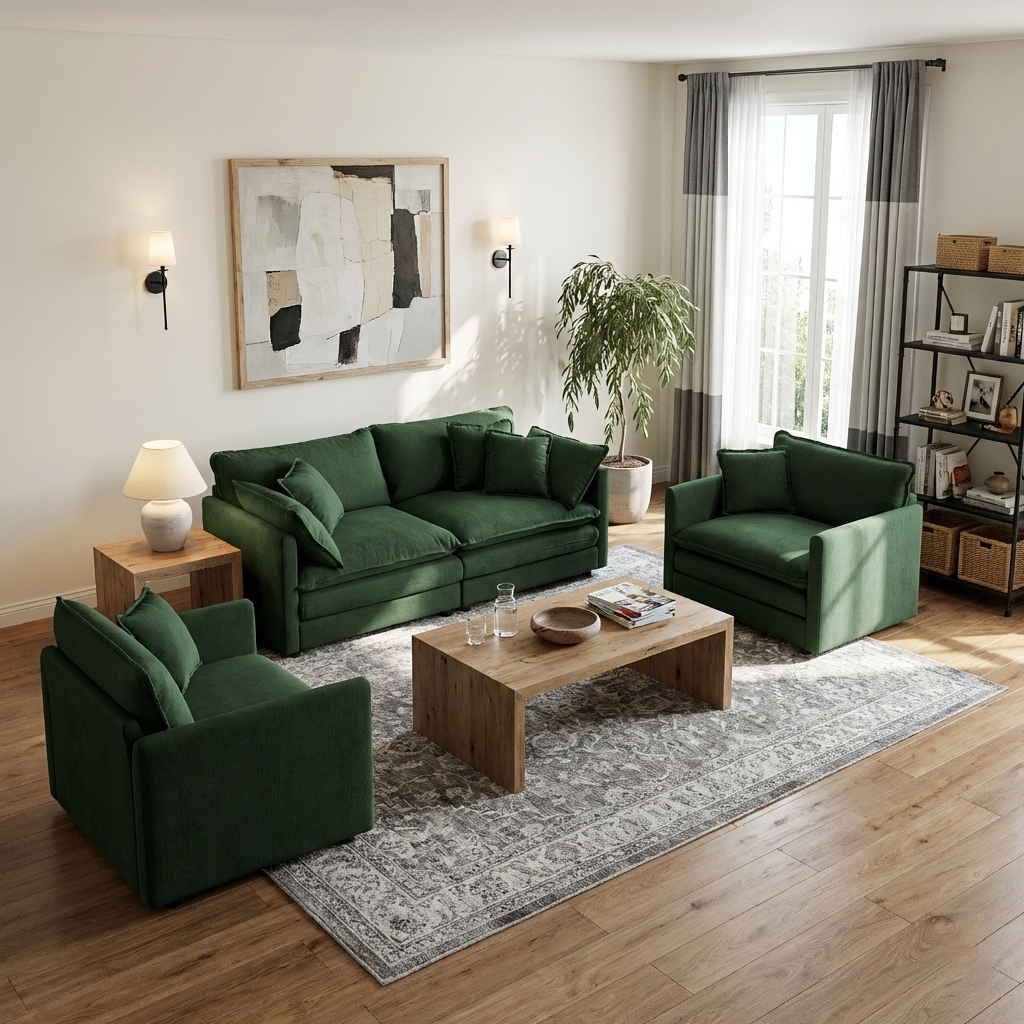 Fremont 3 Piece Chenille Upholstered Modular Sofa Set with Armchairs and Loveseat