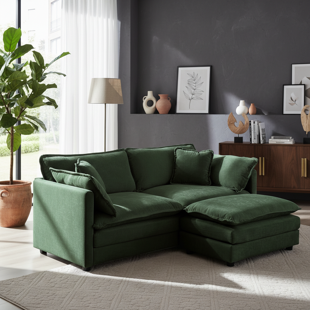 Fremont 77" Chenille Upholstered Modular Loveseat Sofa with Ottoman