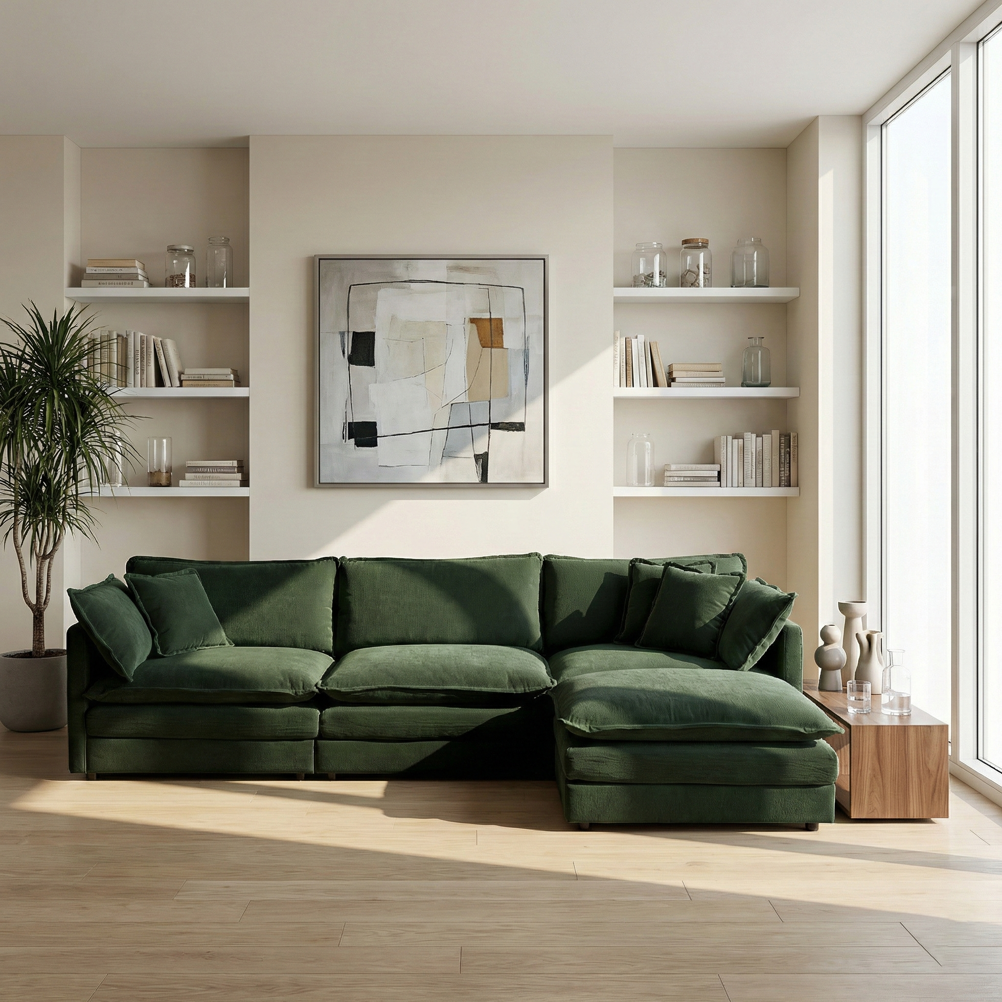 Fremont 112" Modular Chenille Upholstered L-Shaped Sectional Sofa with Ottoman