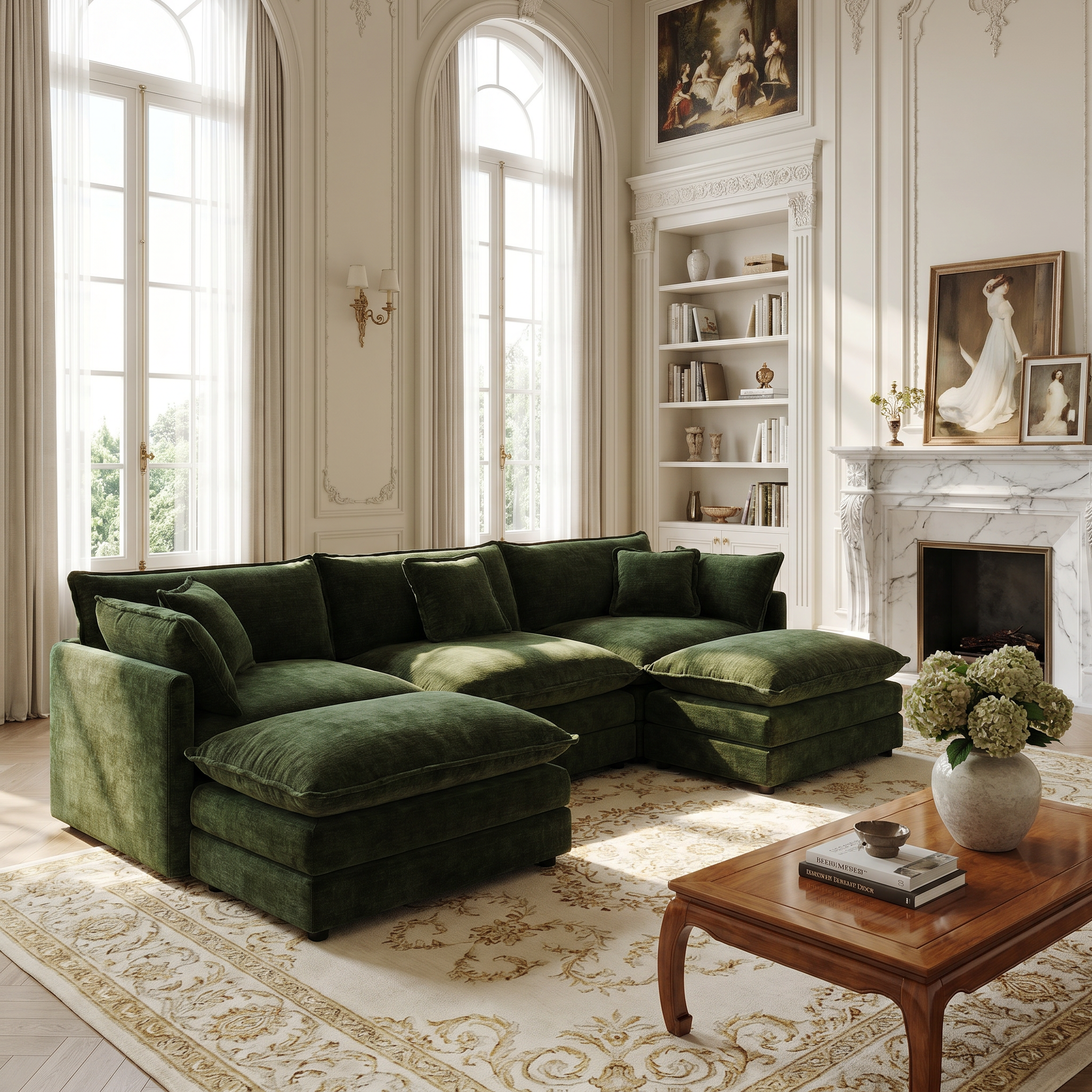 Fremont 112" Modular Chenille Upholstered U-Shaped Sectional Sofa with Ottomans